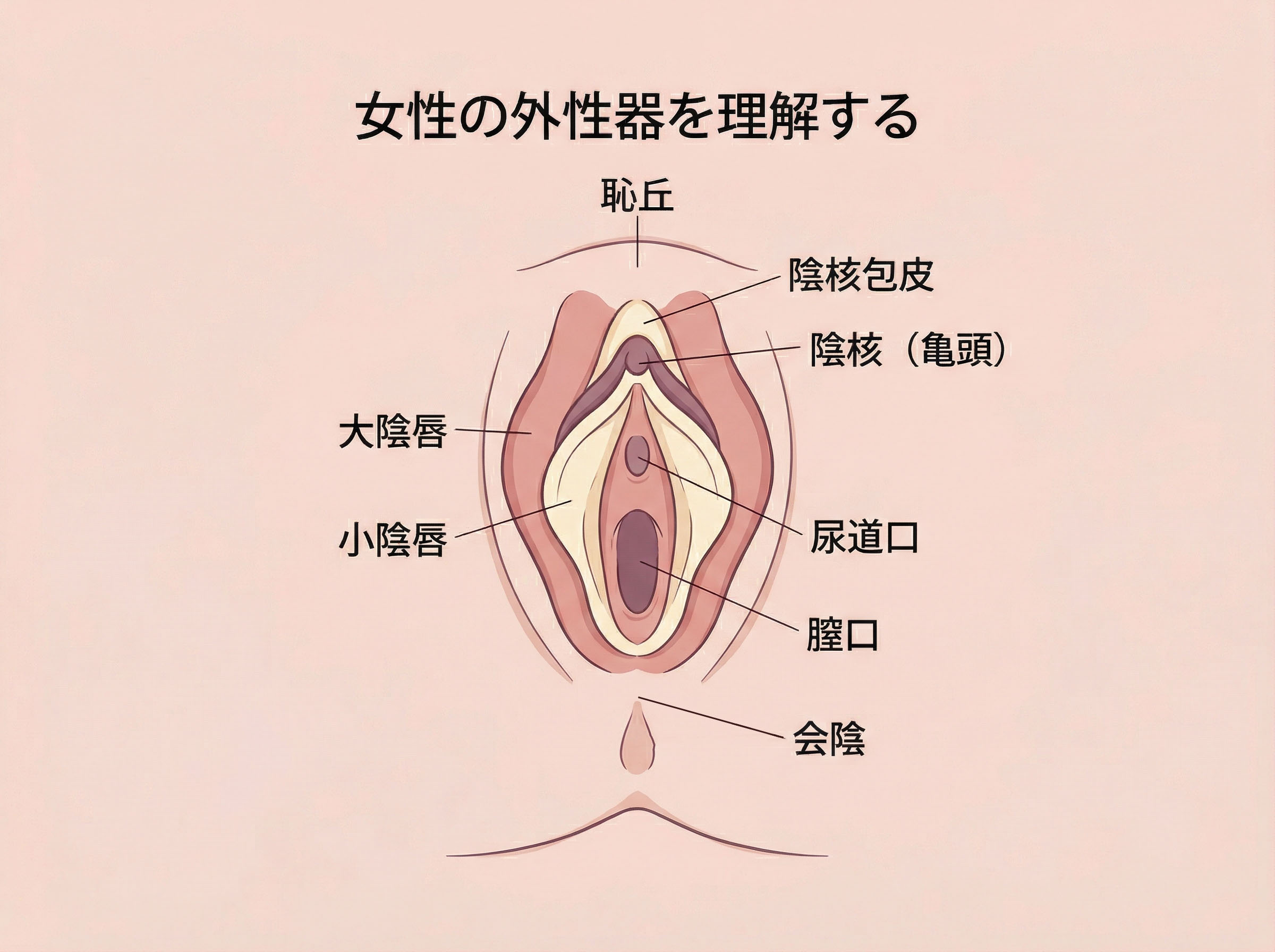 外陰部とクリトリスの構造を含む女性の外部解剖図のイラスト