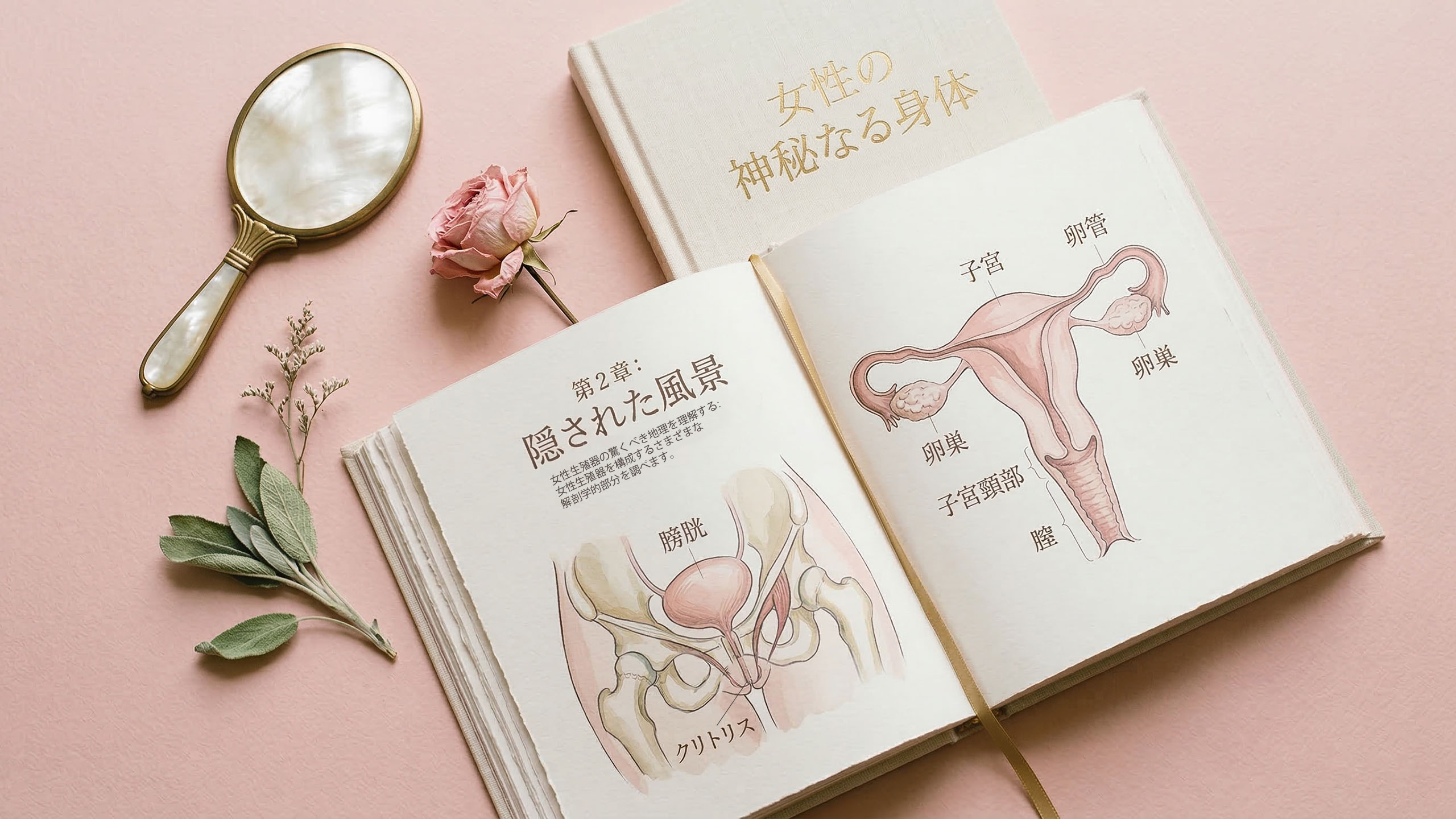 柔らかな植物モチーフに囲まれた、開かれた解剖学の図解参考書。ピンクの背景の上に置かれ、女性の健康教育を分かりやすく象徴しているイラスト。
