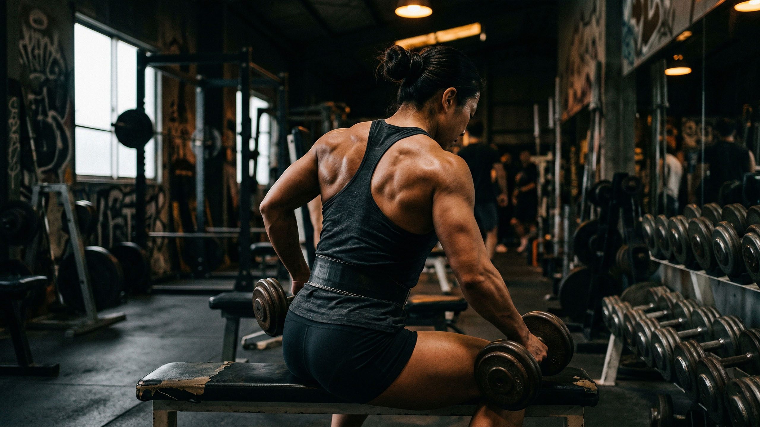 ジムでトレーニングする強い女性アスリート、後ろ姿で劇的なサイドライトの下に定義された背中と腕の筋肉を示す