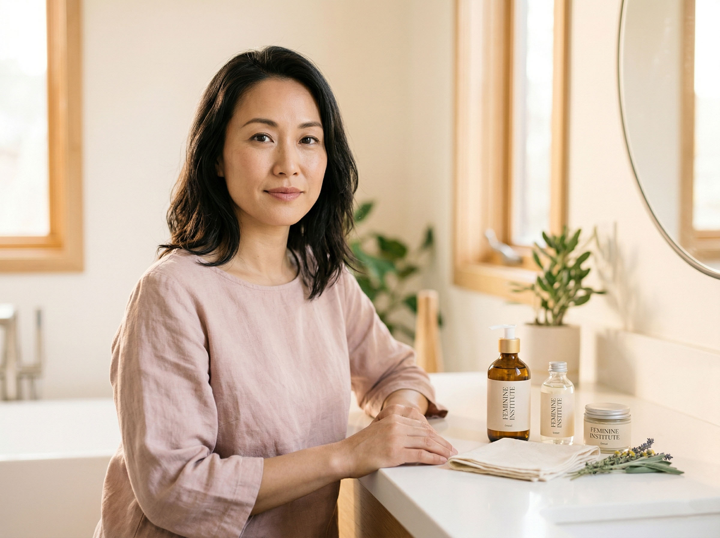 明るいバスルームで、ドレッサーにあるスキンケア用品や衛生用品を確認する女性