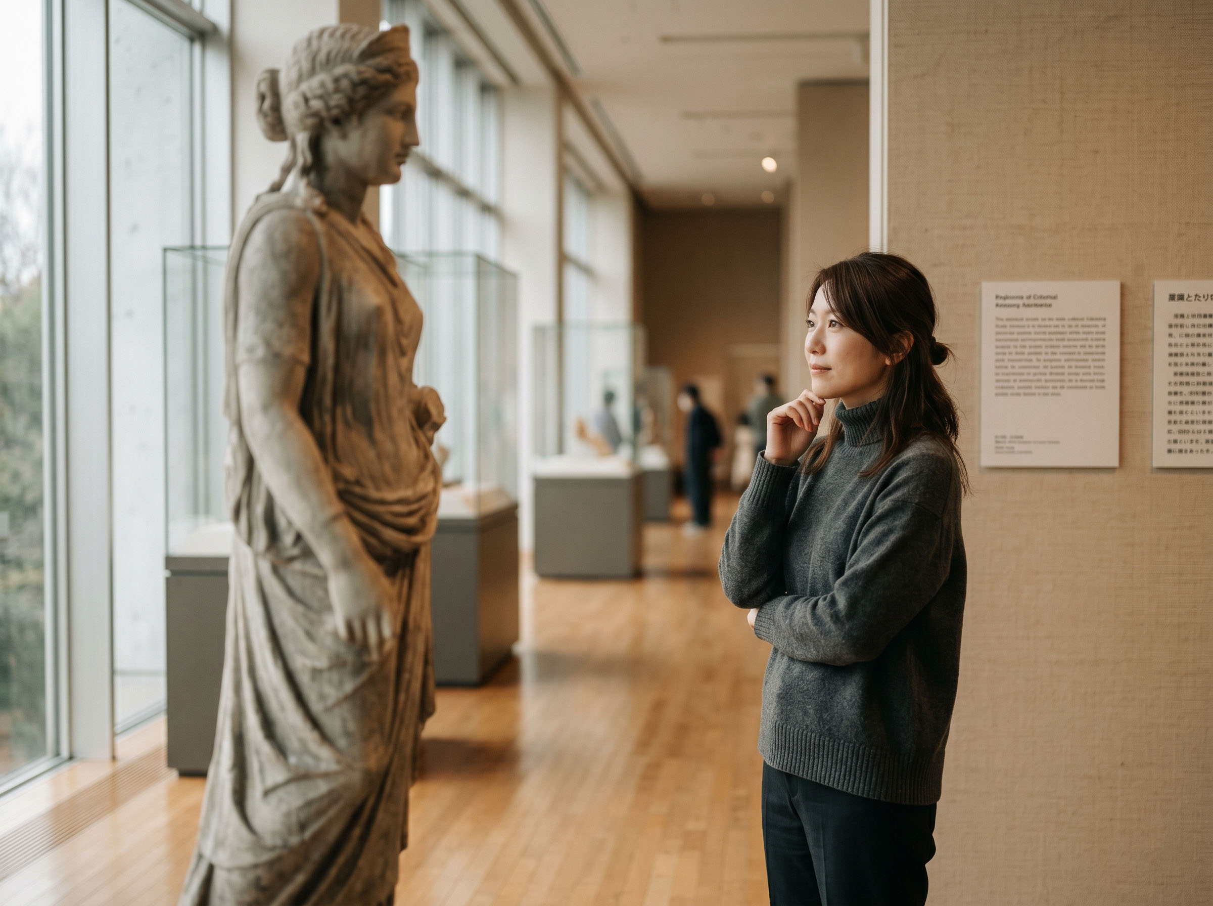 美術館で古代の女神の石像のそばで考え込む現代の女性