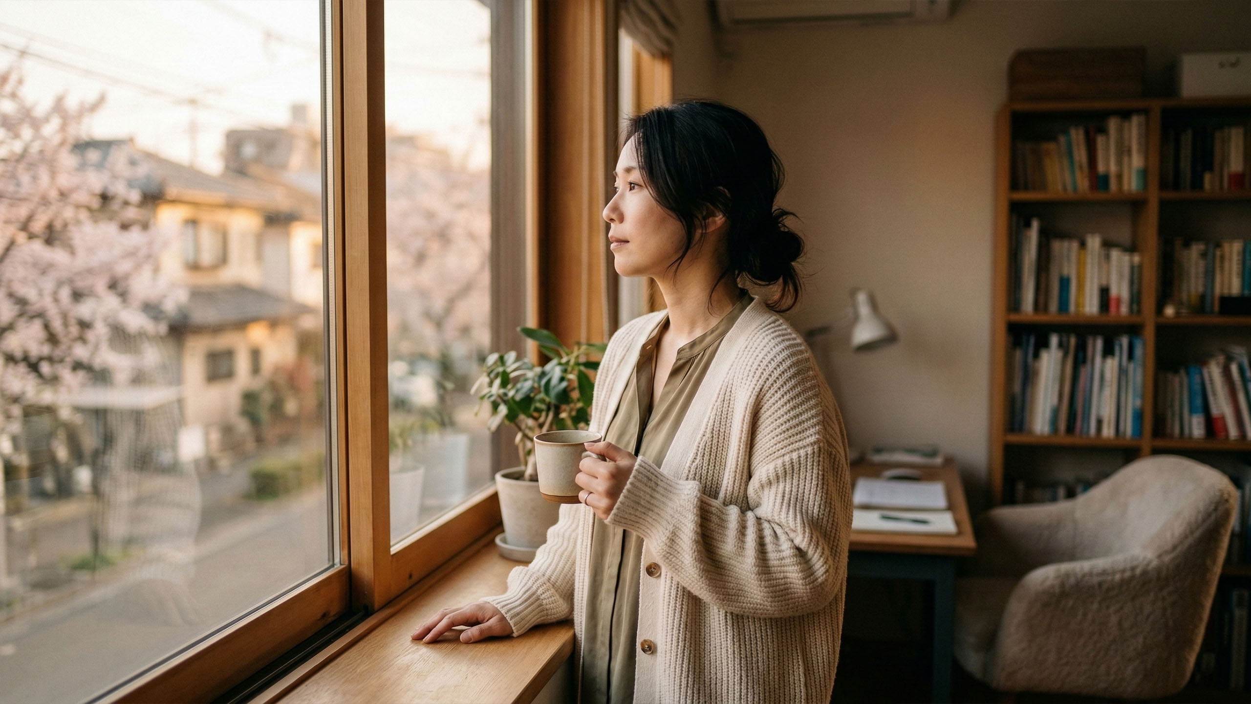 暖かい家庭の室内で窓の外を見つめる思慮深い女性。