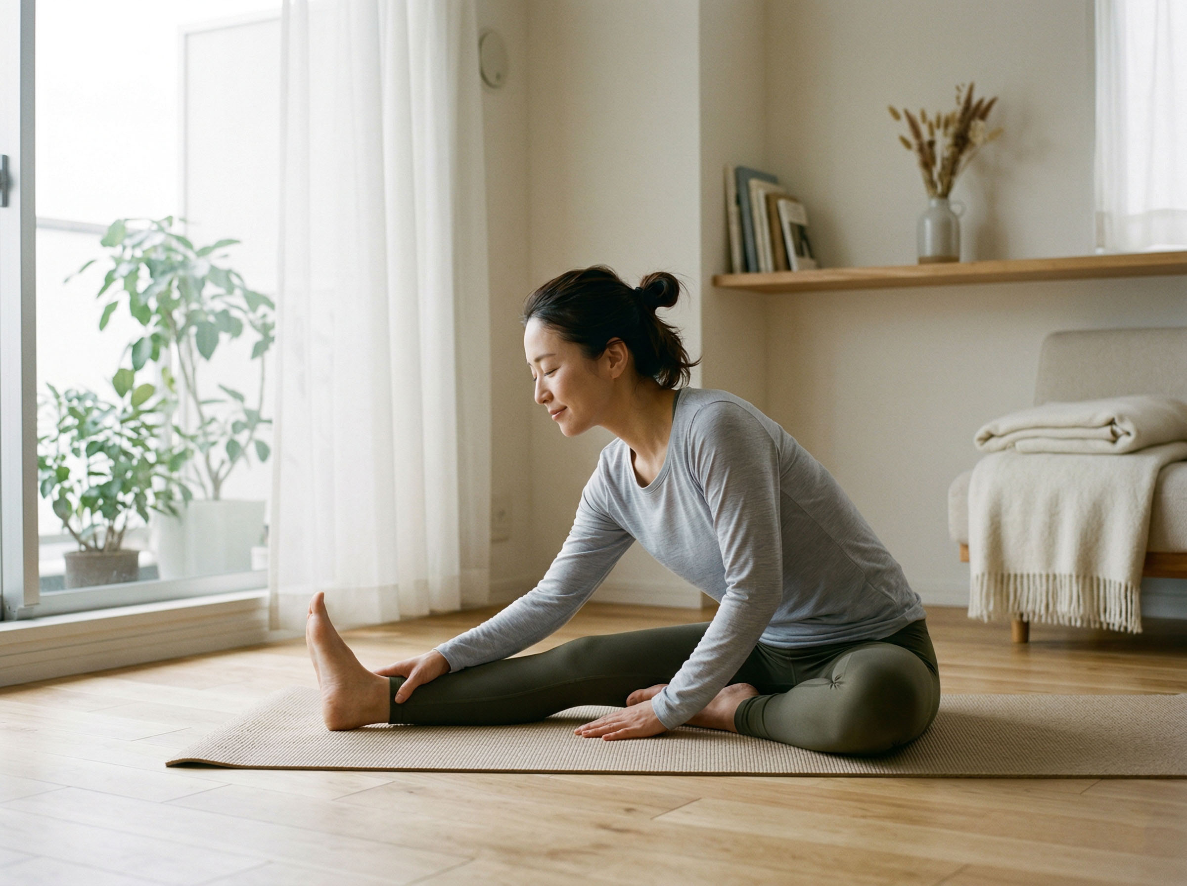 静かな部屋で穏やかにストレッチをする女性