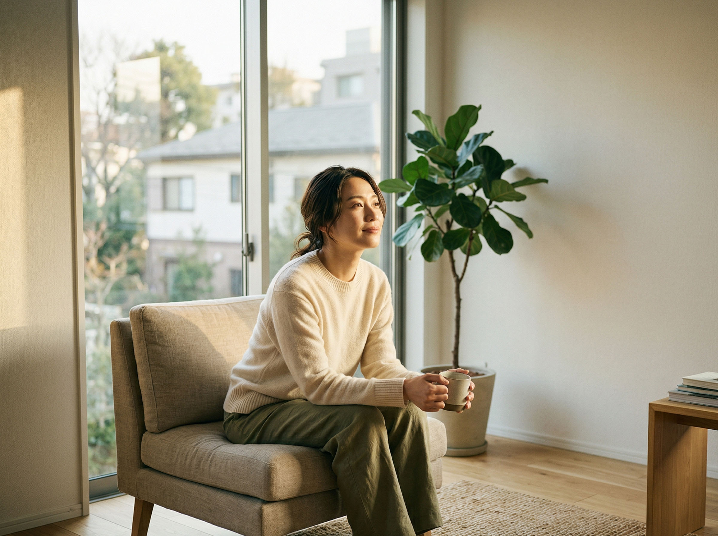 日の光が差し込む空間で、穏やかで自信に満ちた表情で座る女性。自己認識と身体の知識を象徴している