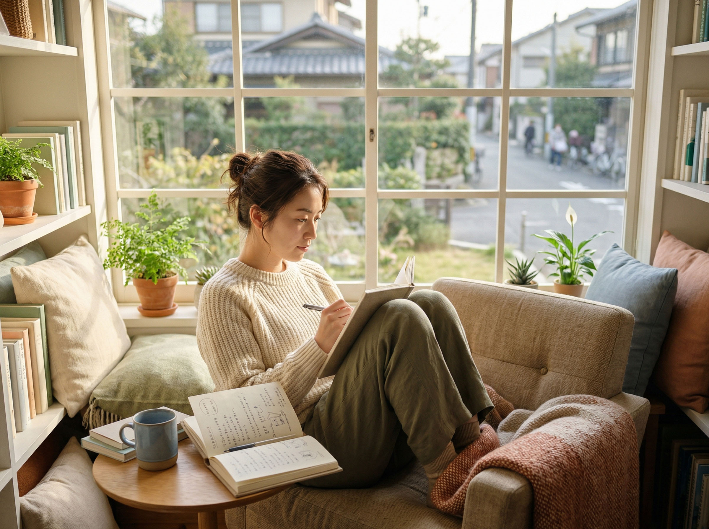 窓辺でジャーナリングをし、自分の感情と関係のコミュニケーションについて深く見つめ直している女性