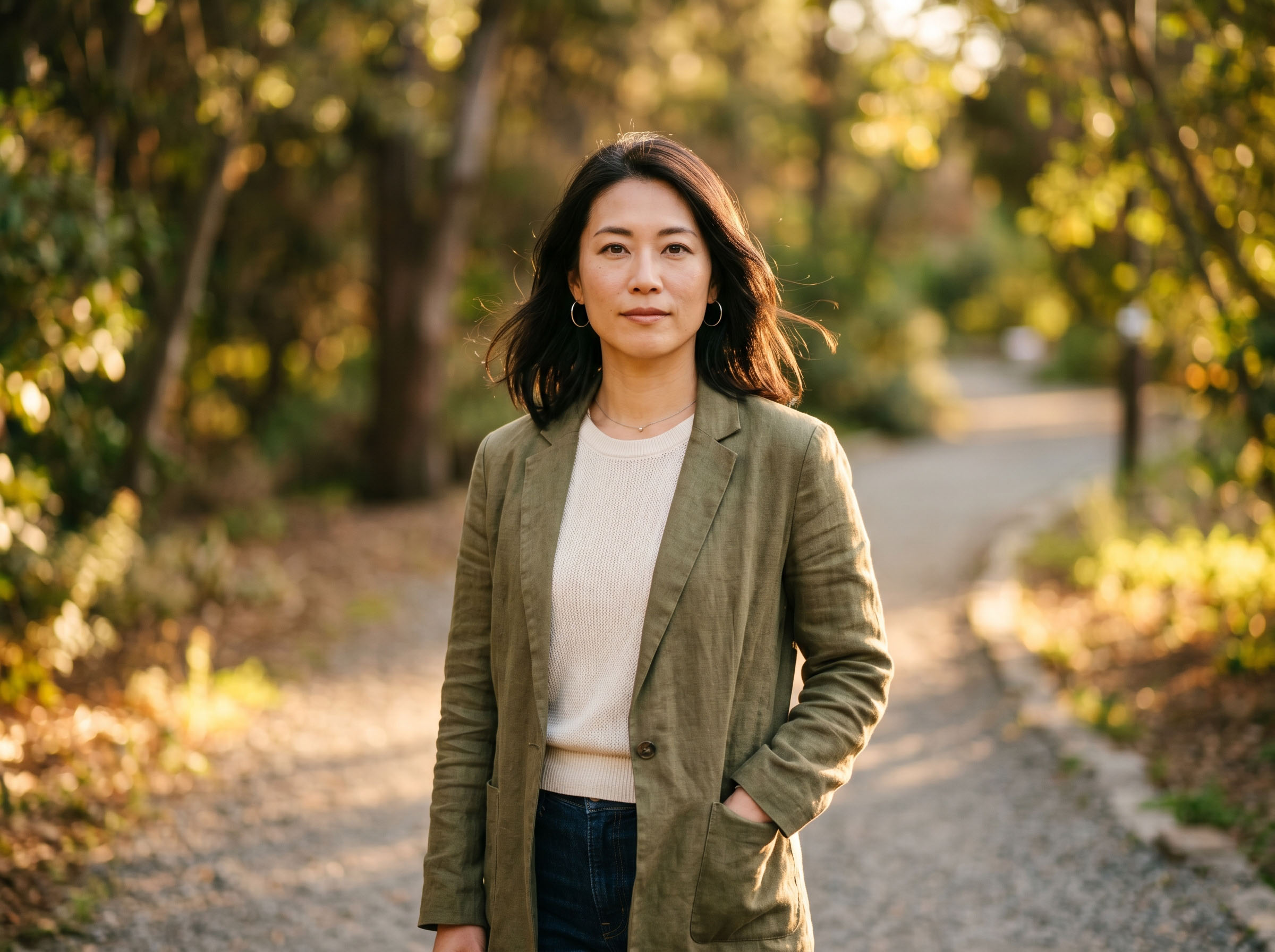 自然光の中で自信を持って立ち、明晰さと落ち着きを持って前を見つめる女性