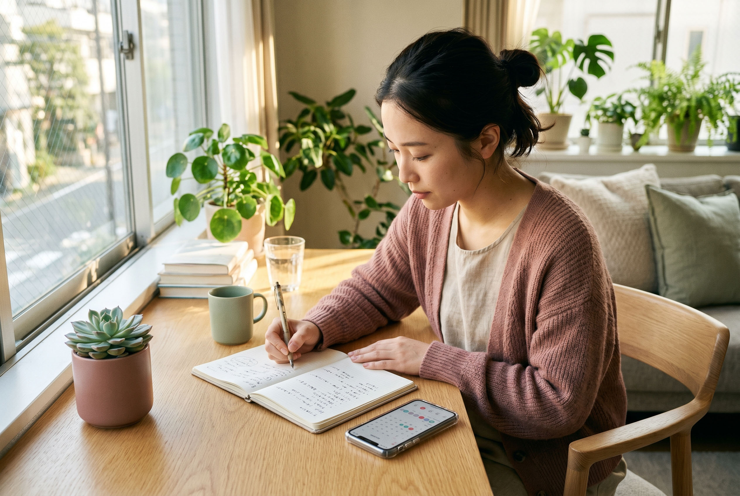 窓辺の明るい木のデスクに座り、開いたノートに書き込みをしている30代前後の女性