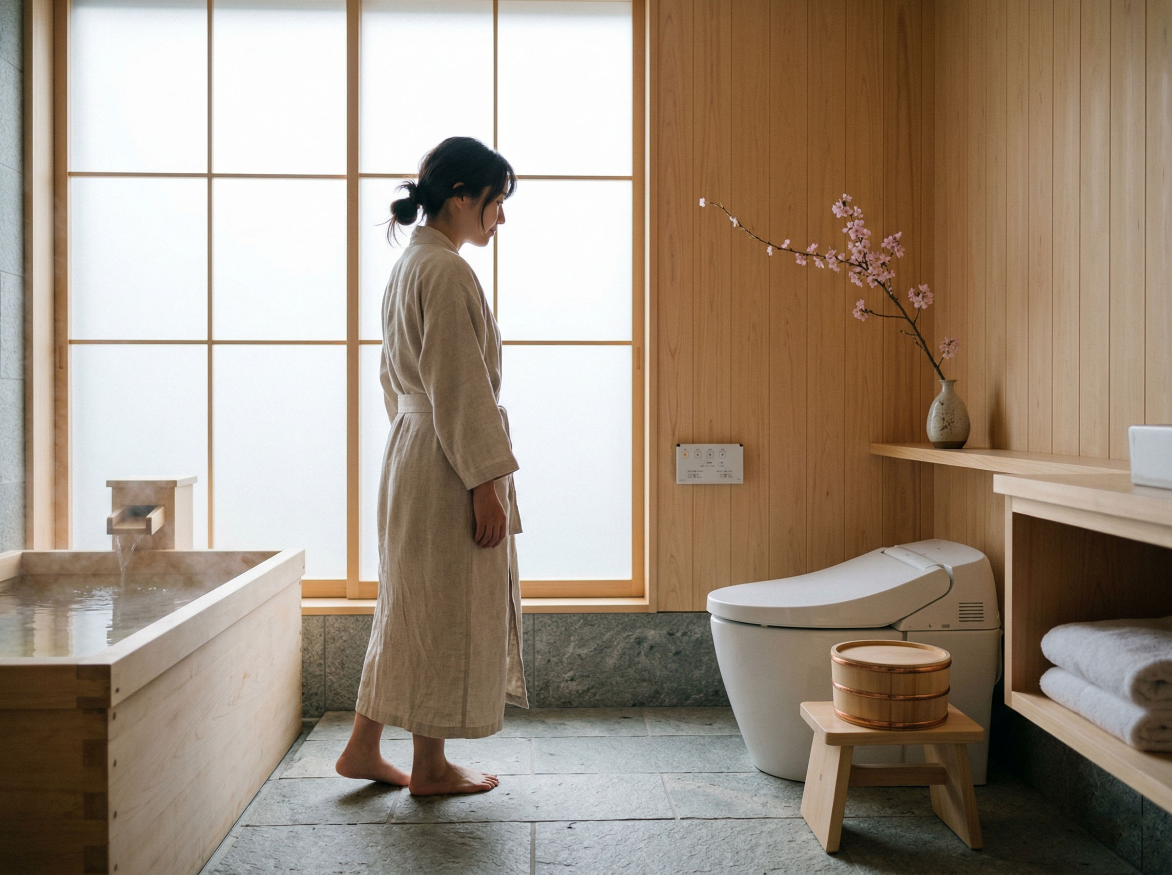 Traditionelle japanische Badekultur – eine Frau entspannt in einem Onsen-Mineralbad