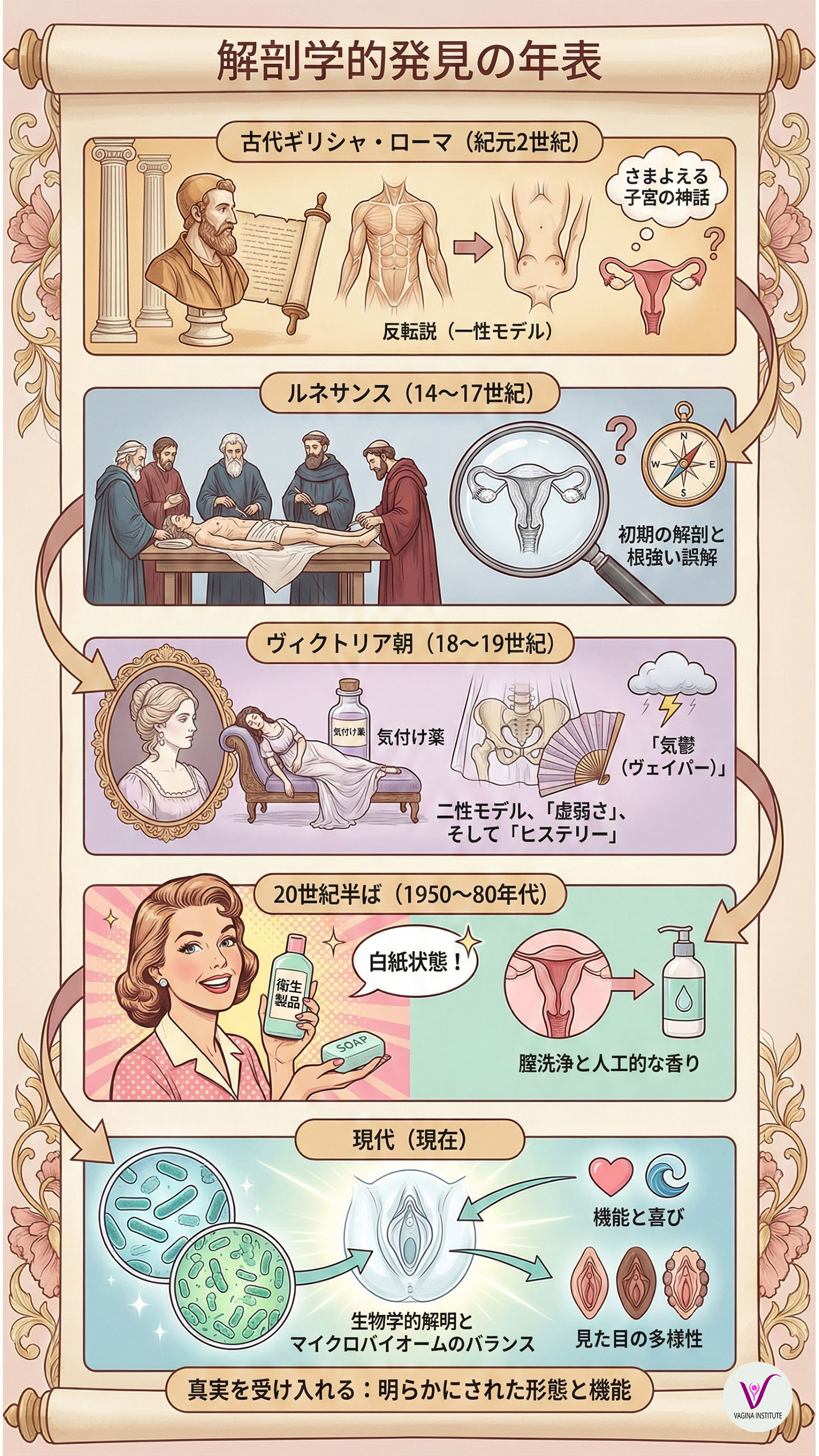 古代ギリシャから現代までの解剖学的発見のタイムライン