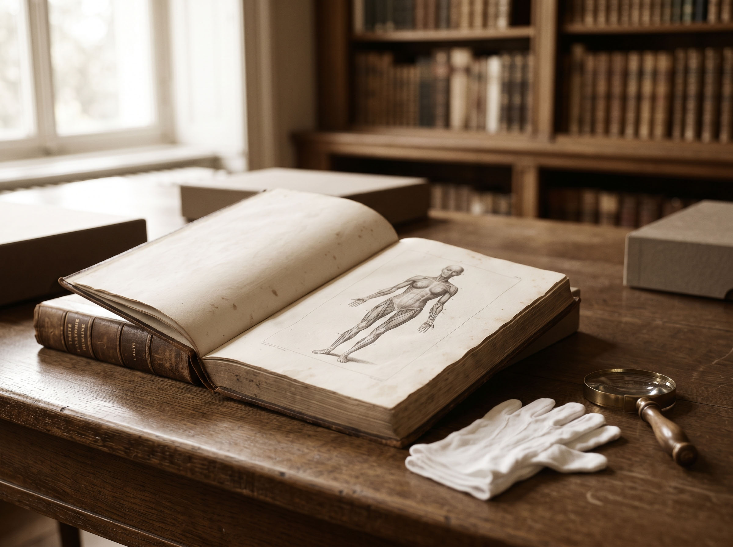 Nineteenth century anatomical engraving of female erectile structures displayed in an archive setting