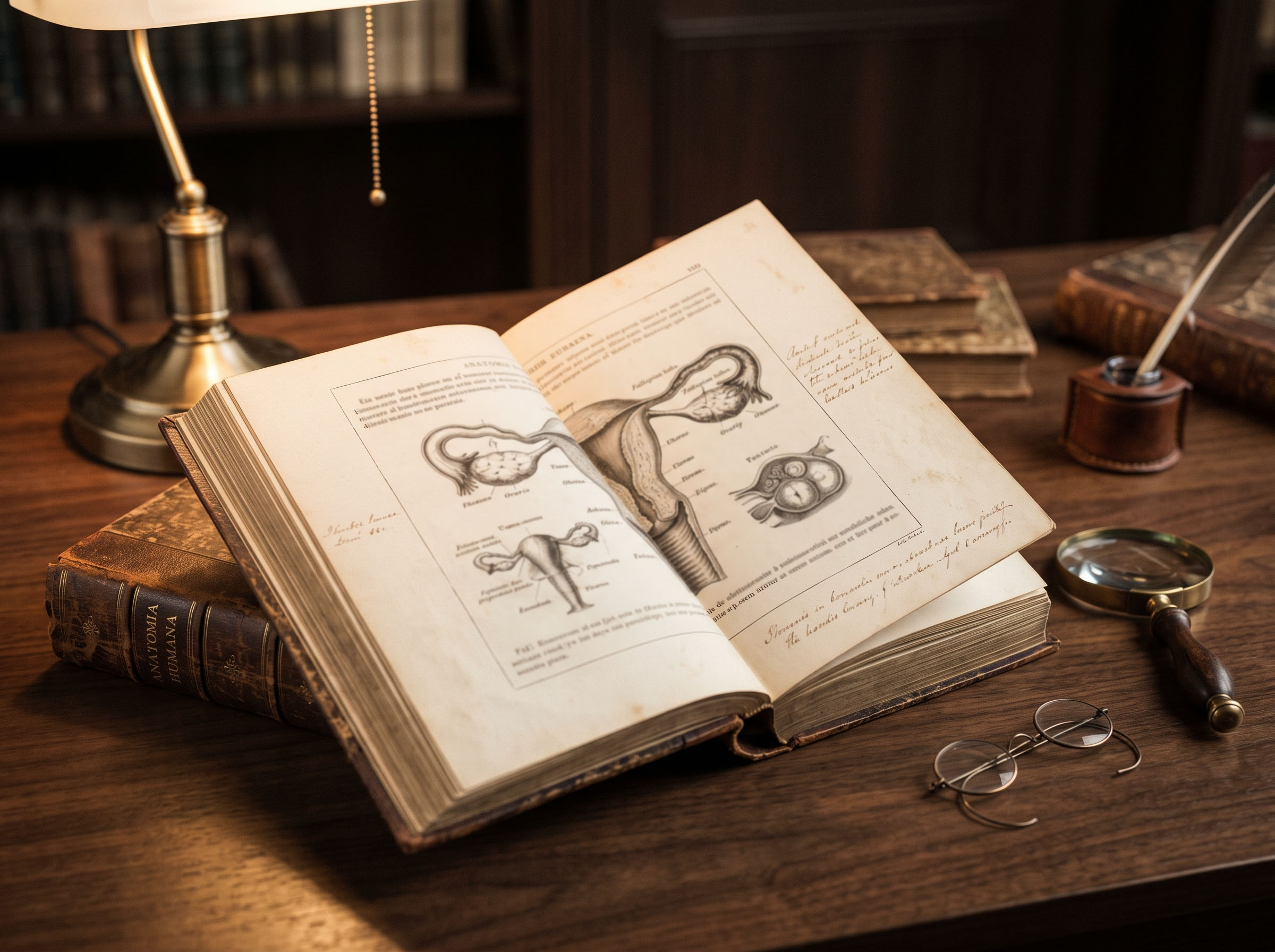A 19th-century anatomical atlas open on a library table under warm lamplight, showing engraved plates and handwritten annotations