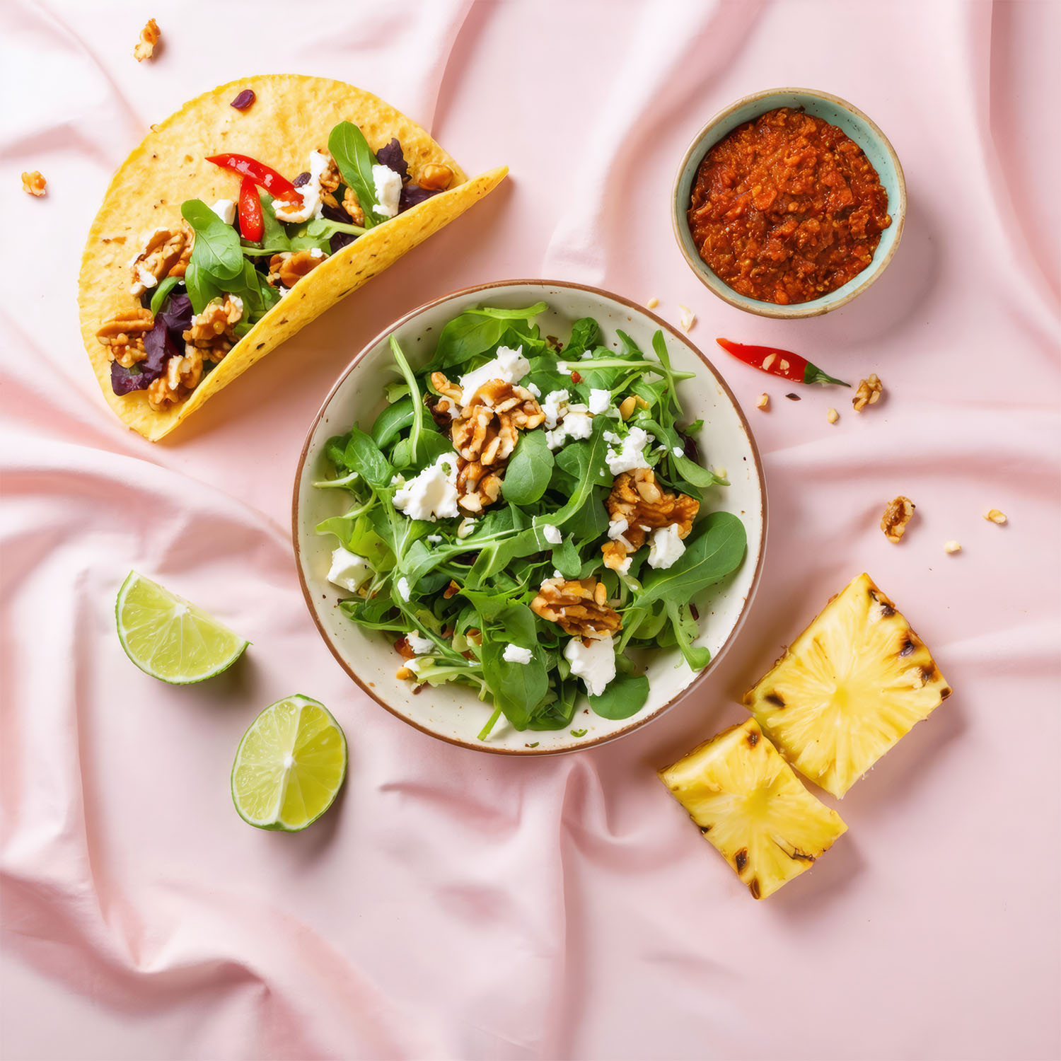 Vista superior em estilo flat-lay de uma salada fresca de alface-romana e agrião ao lado de um taco apimentado e rodelas de abacaxi sobre um fundo de linho rosa suave