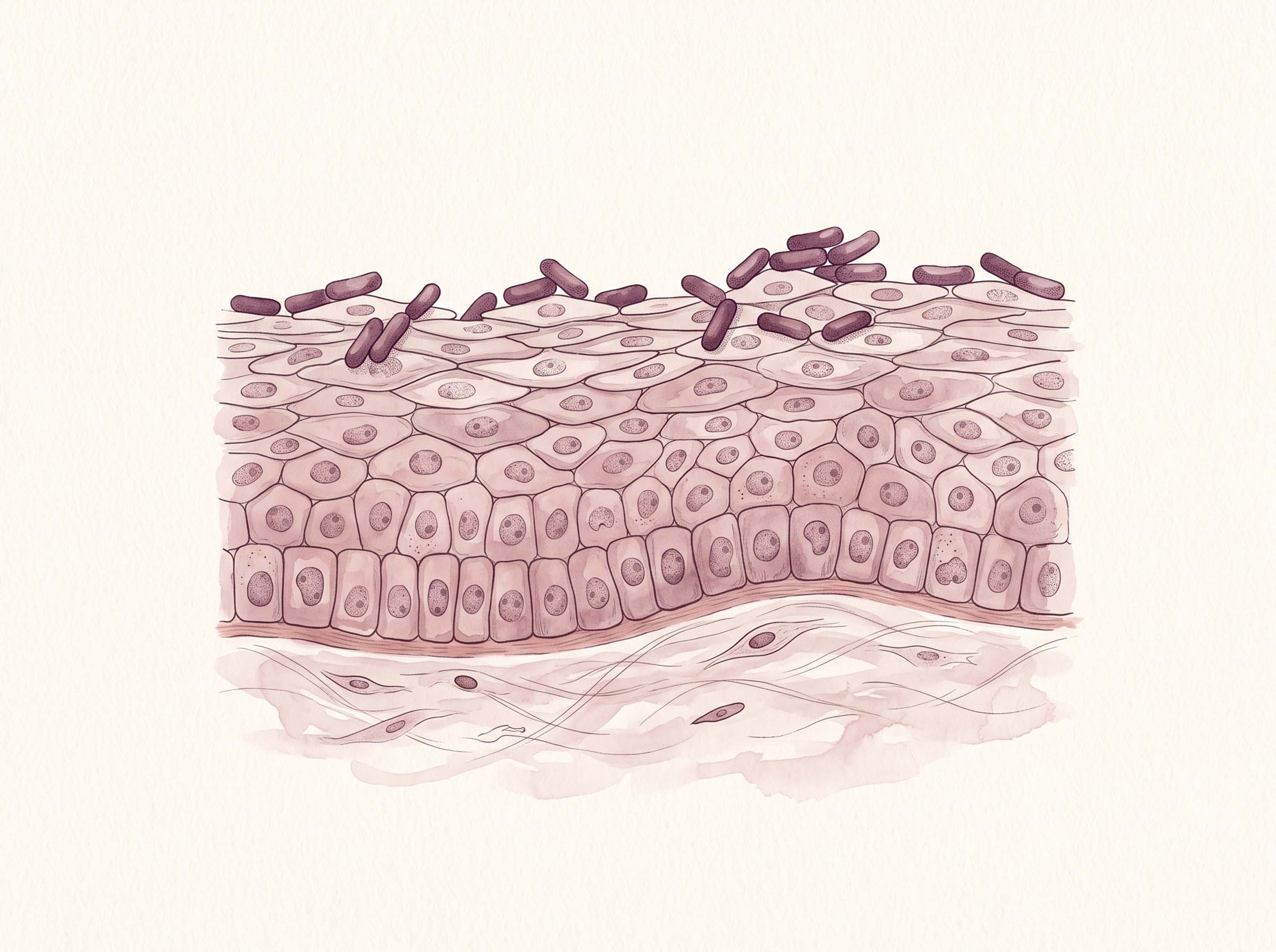 Scientific illustration of rod-shaped Lactobacillus bacteria along the vaginal epithelium