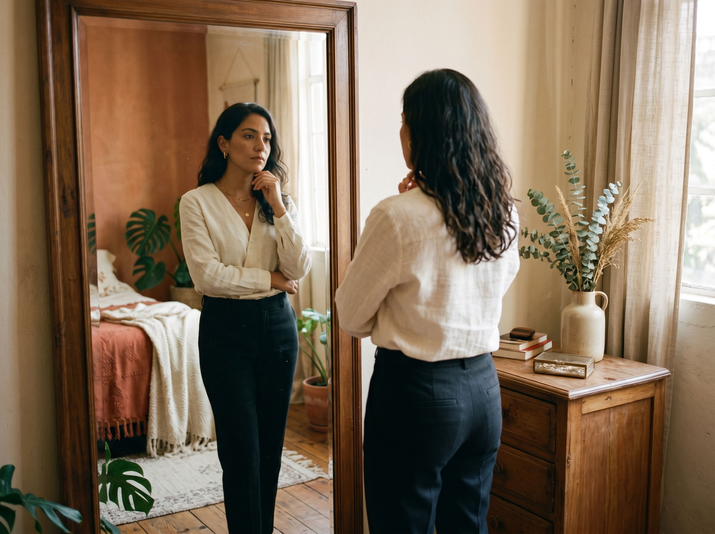 Latin American woman looking in a mirror, reflecting on beauty expectations and cultural identity