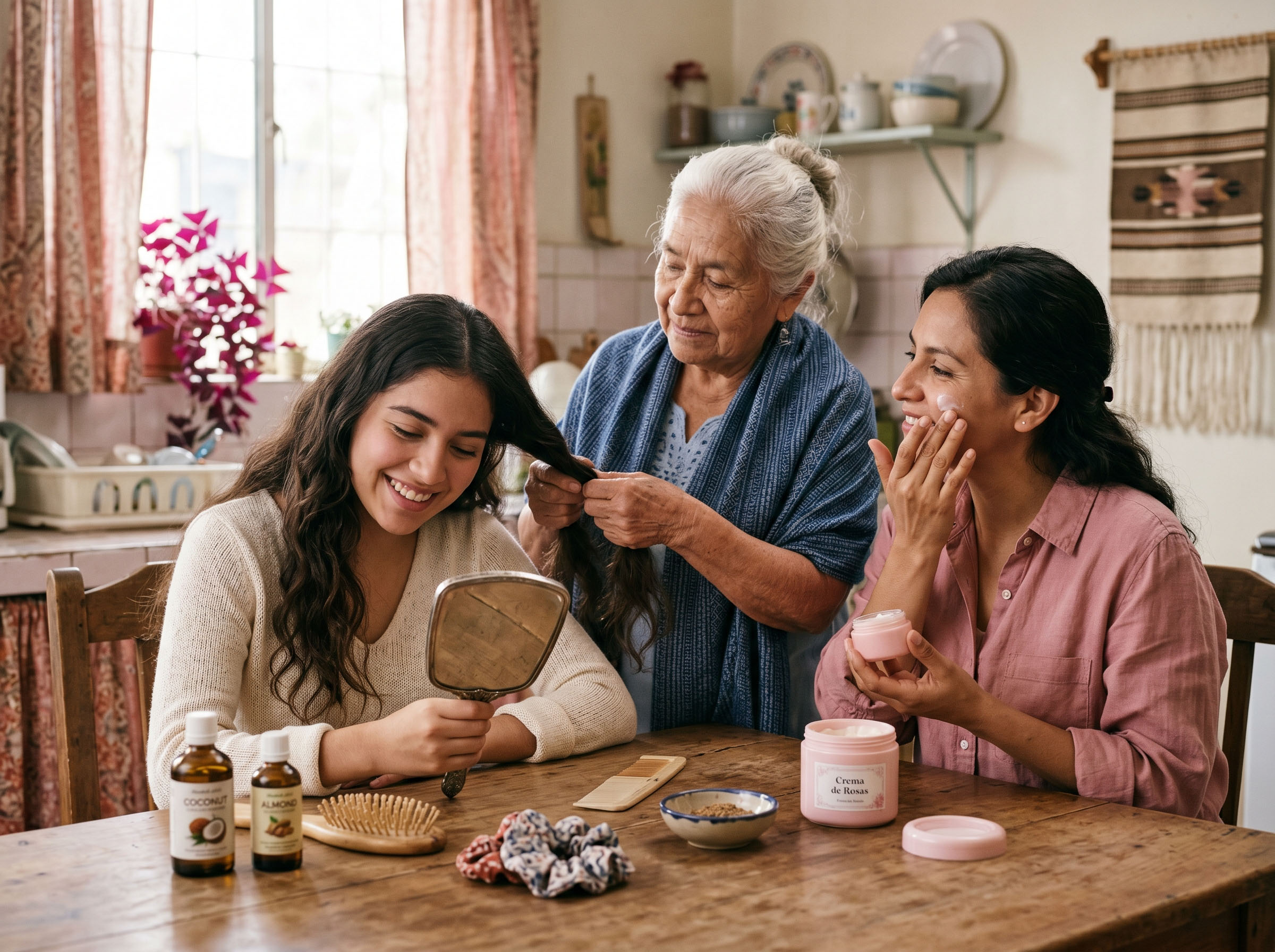 Latin American mothers and daughters sharing beauty rituals across generations, a cultural tradition