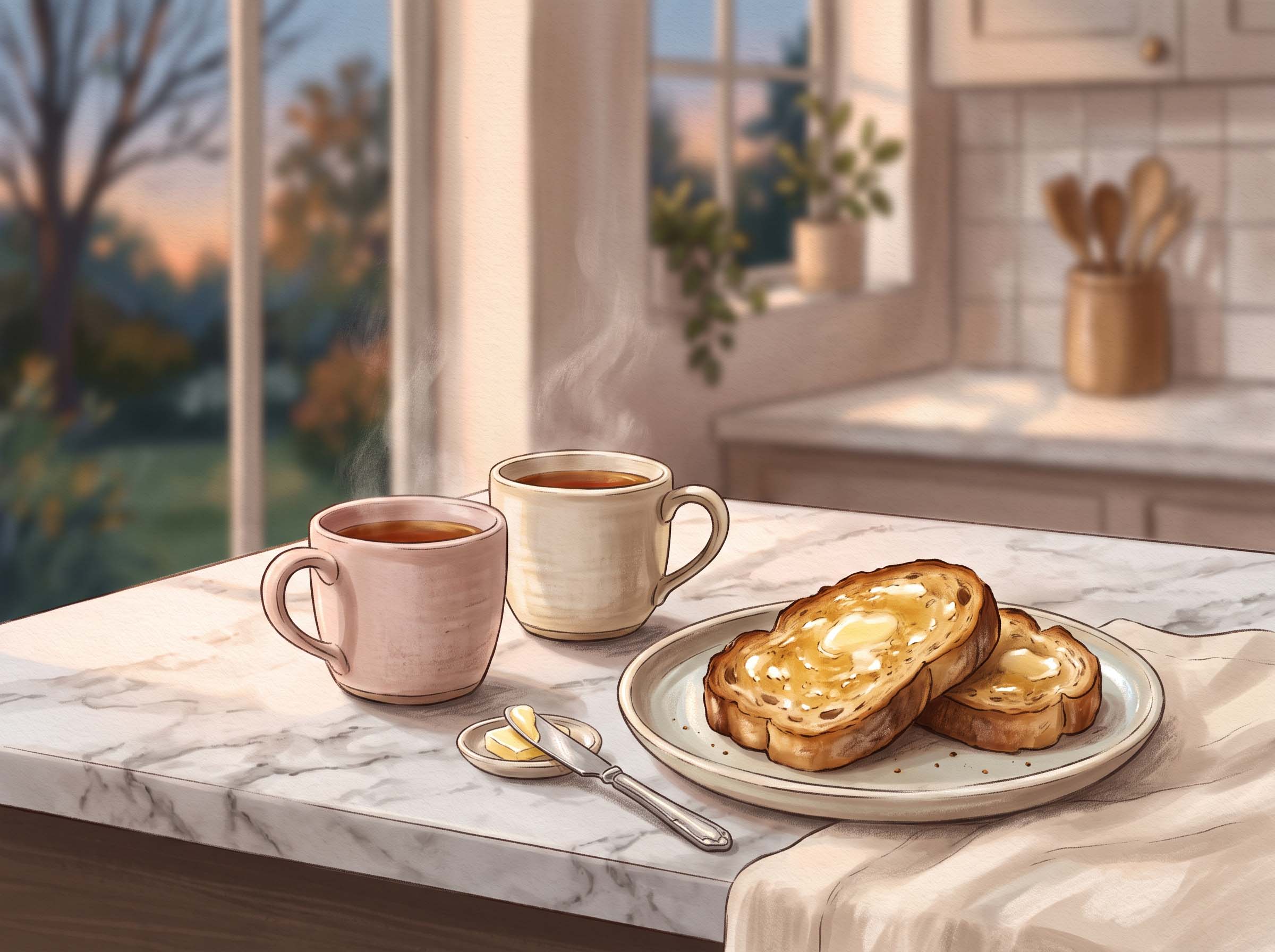 Two mugs of tea and a plate of buttered toast on a kitchen counter in warm evening light
