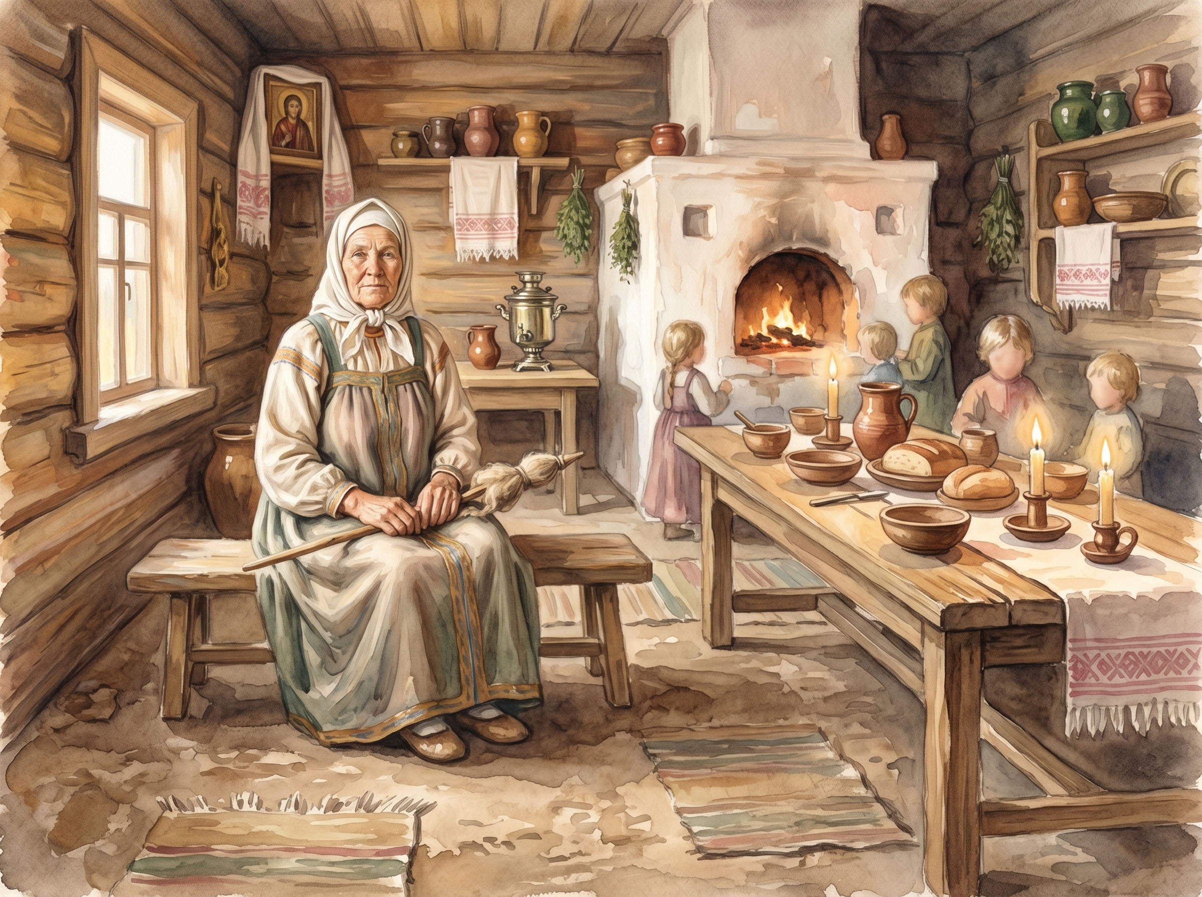 Soft watercolor-style illustration of an 18th-century Russian village home with a large family gathered at a wooden table, warm candlelight tones