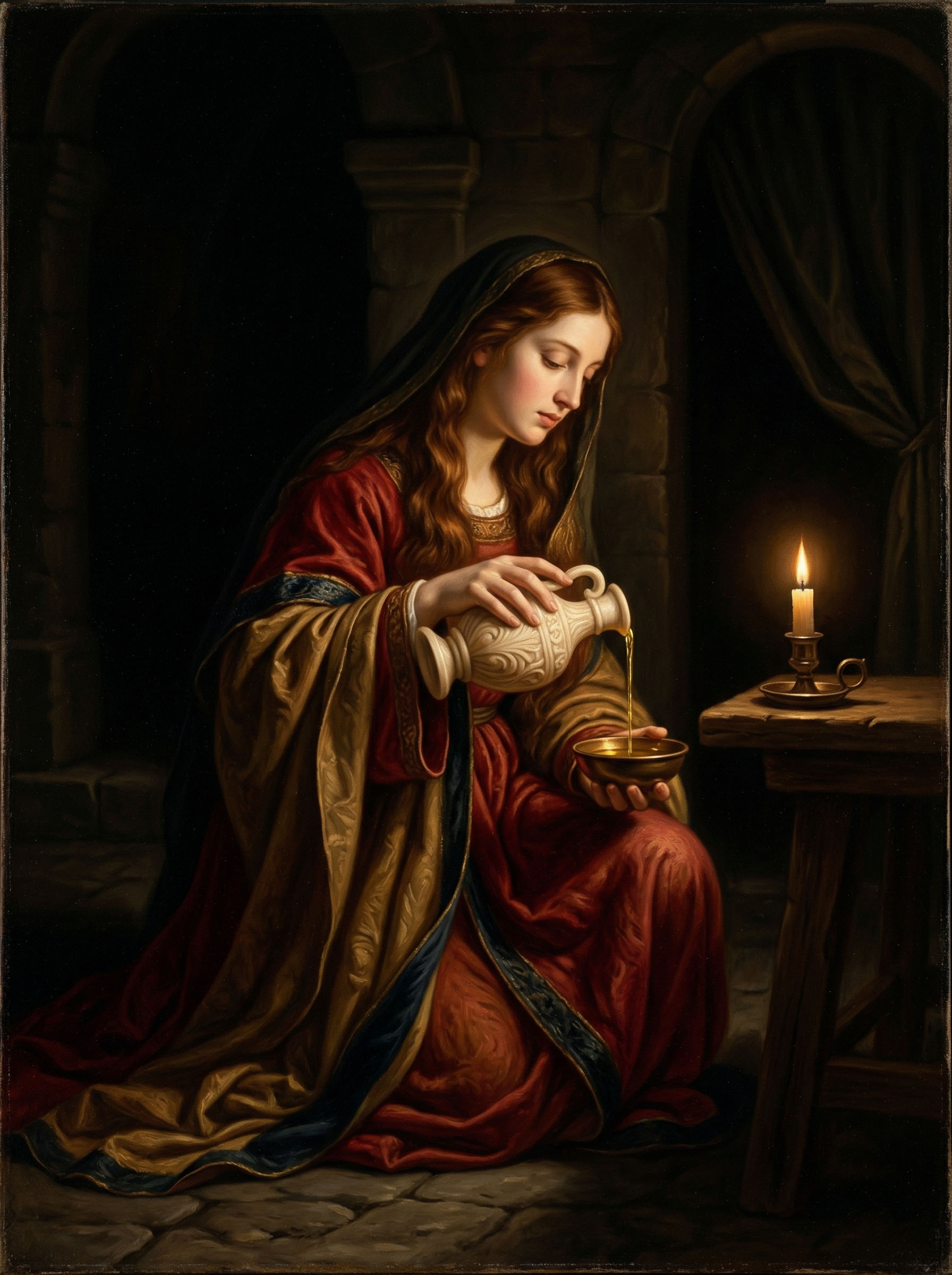 Classical artwork depicting the anointing of Jesus by Mary Magdalene, a scene of sacred devotion in the Easter narrative