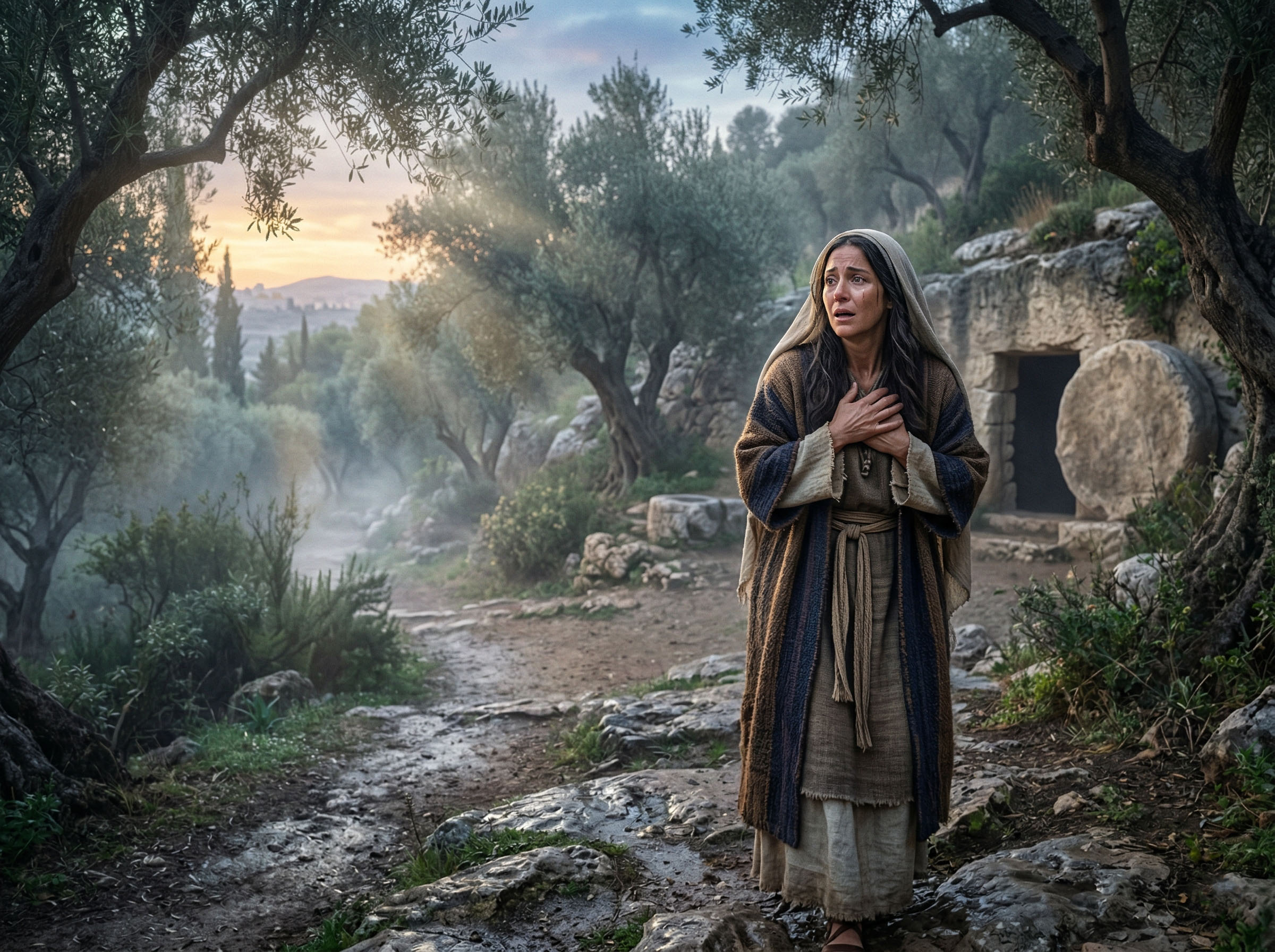 Mary Magdalene at the garden tomb at dawn, a scene from the Easter resurrection story