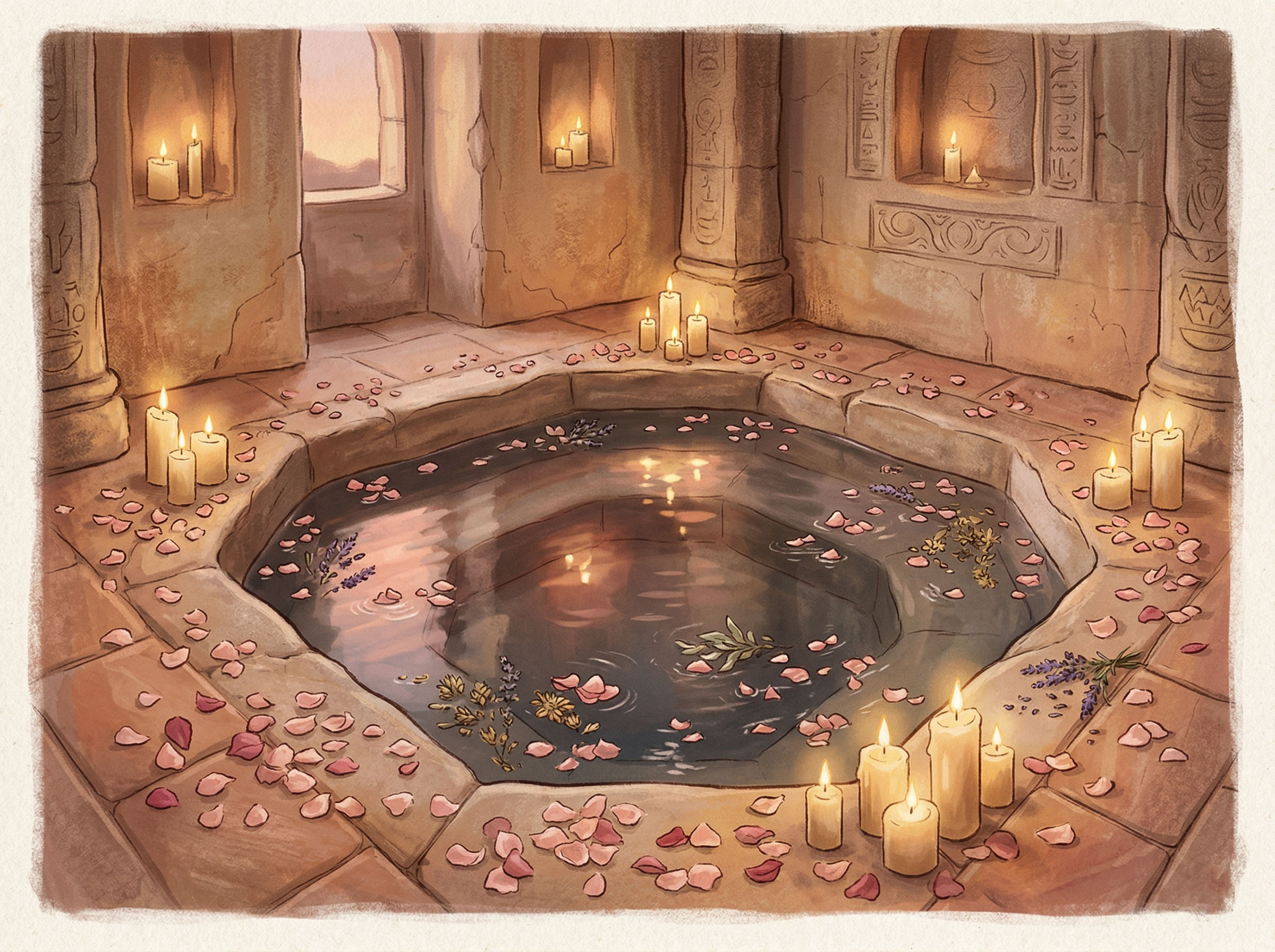 Baño ritual antiguo que representa las prácticas de purificación femenina en diversas culturas