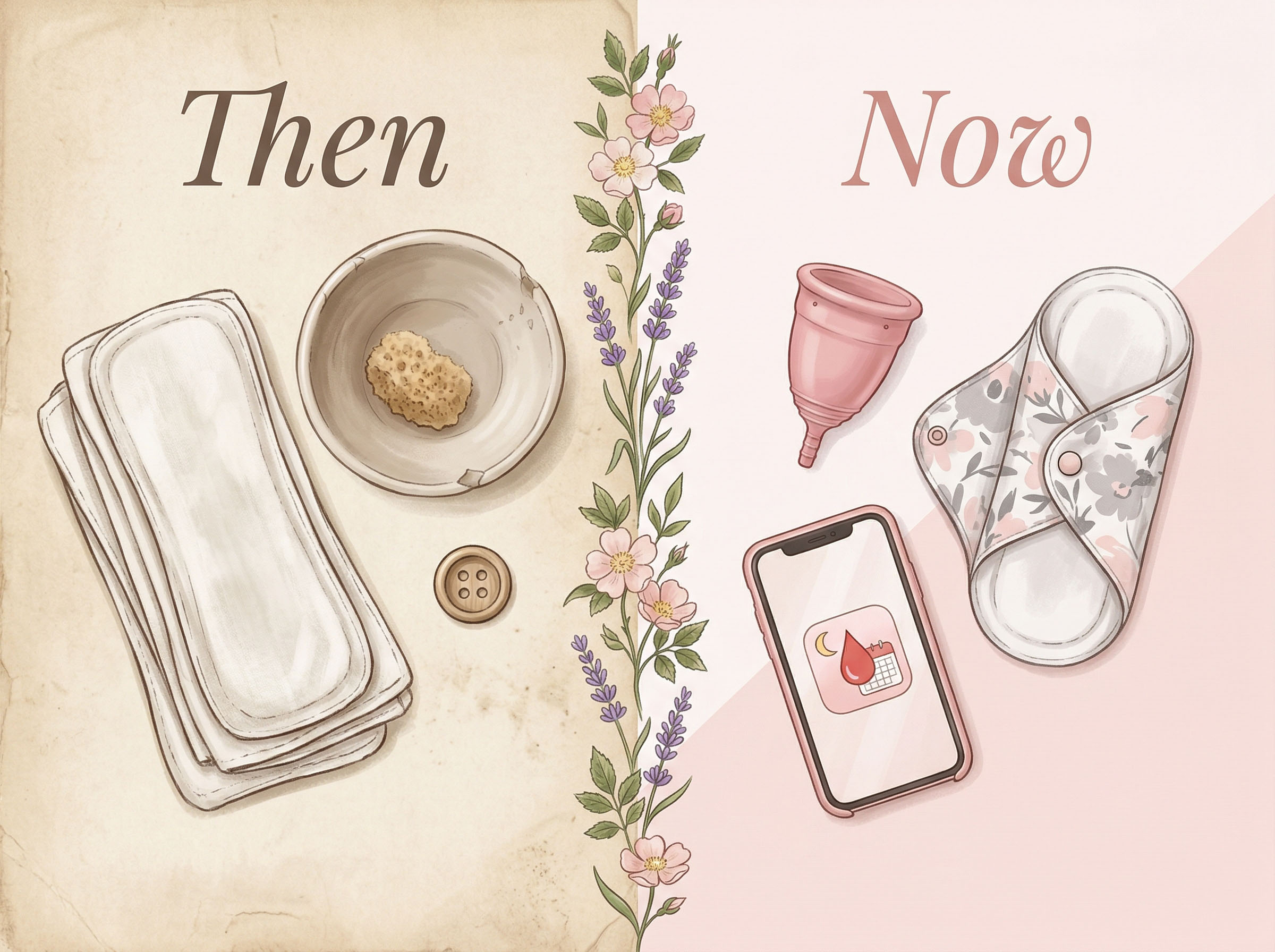 Visualización comparativa de los cuidados menstruales de la era victoriana frente a los productos modernos