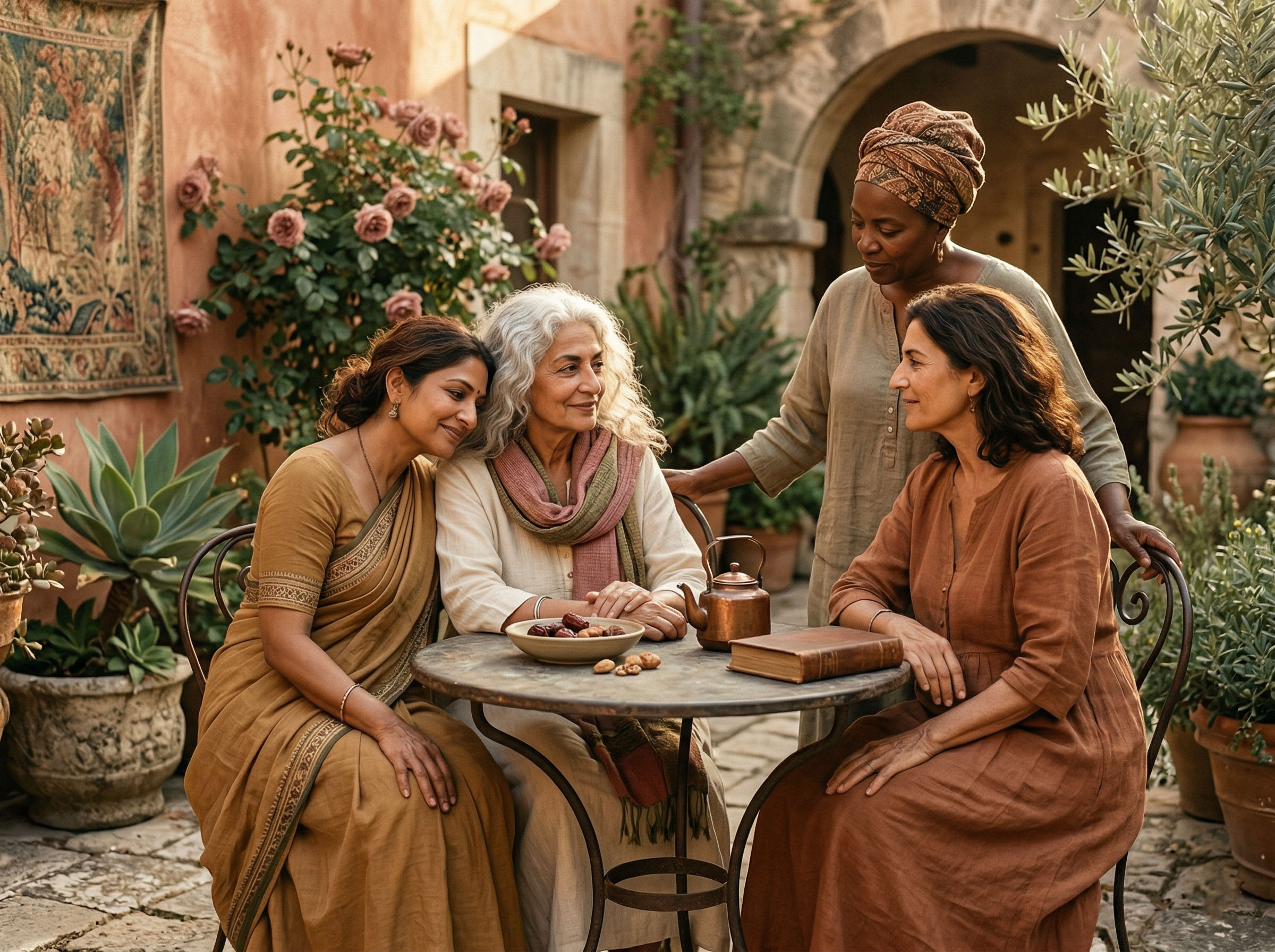 Women from different cultures gathered in a sunlit courtyard, representing midlife and community