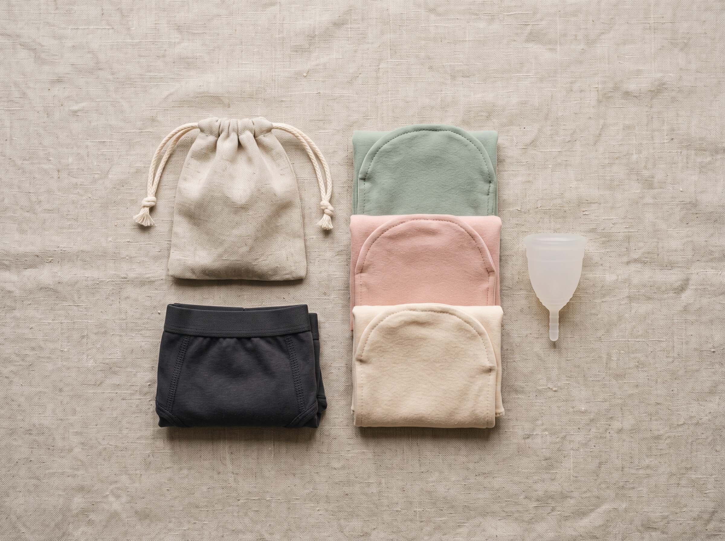 Flat lay of a silicone menstrual cup, absorbent period underwear and folded cotton cloth pads on a linen surface in soft daylight