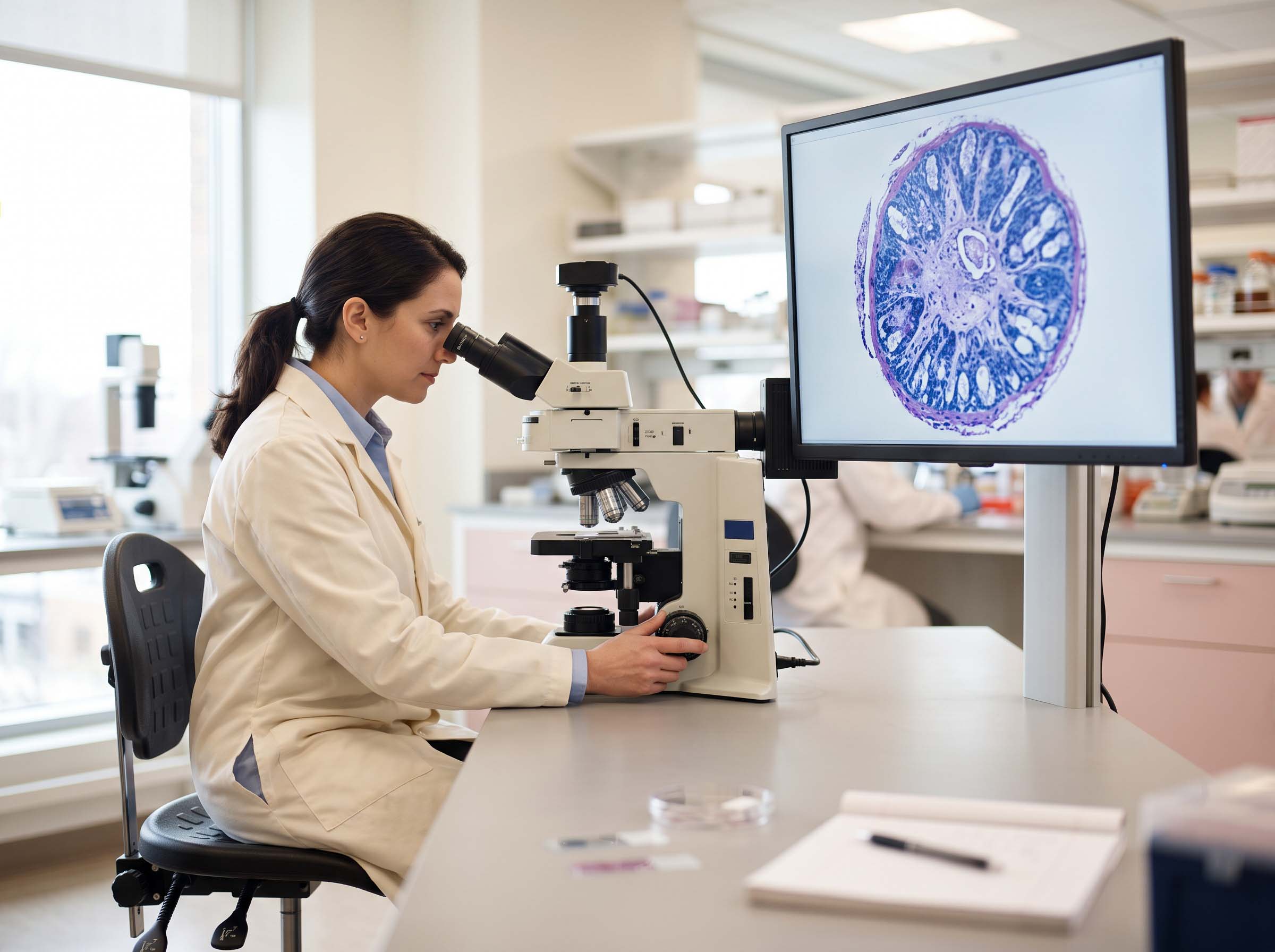 Researcher examining a stained nerve tissue cross-section under a high-magnification microscope in a university anatomy laboratory
