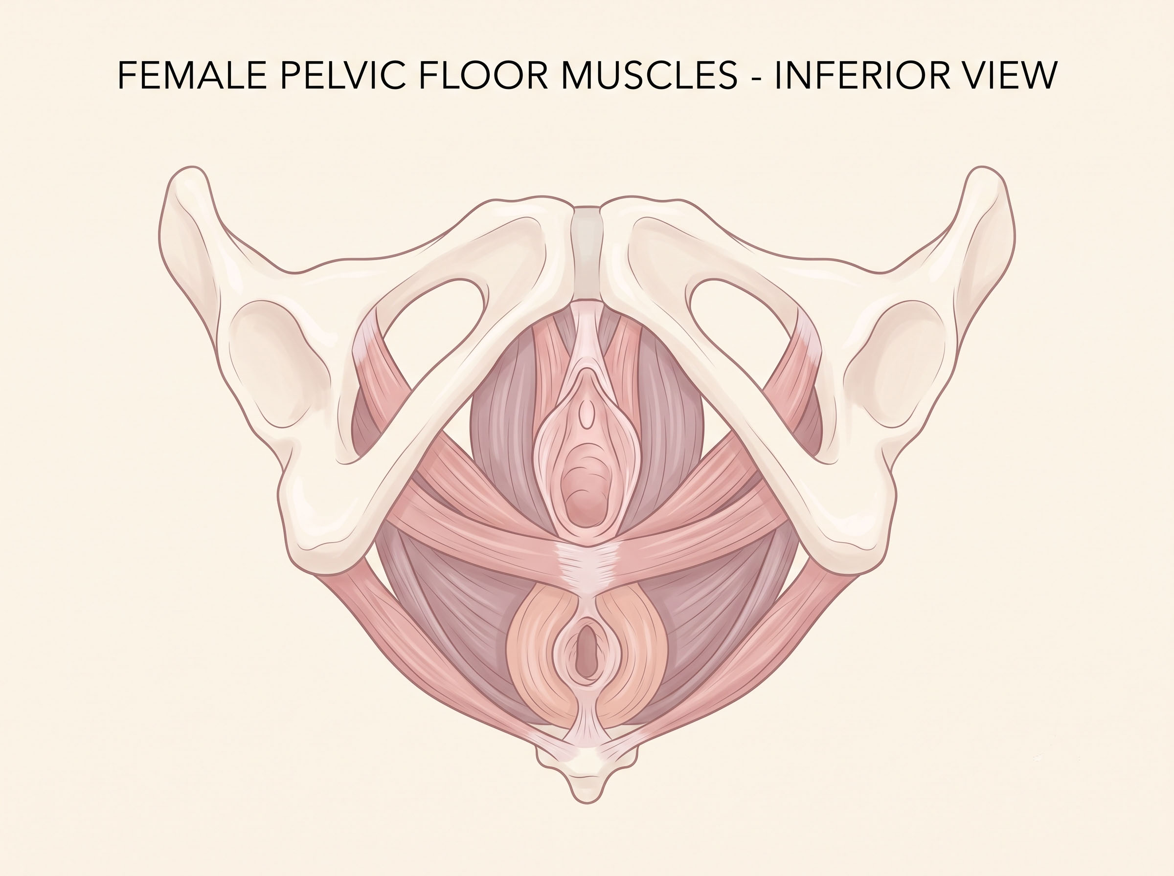 Illustrated diagram of the female pelvic floor muscles, the sling of muscle that makes vaginal weightlifting possible