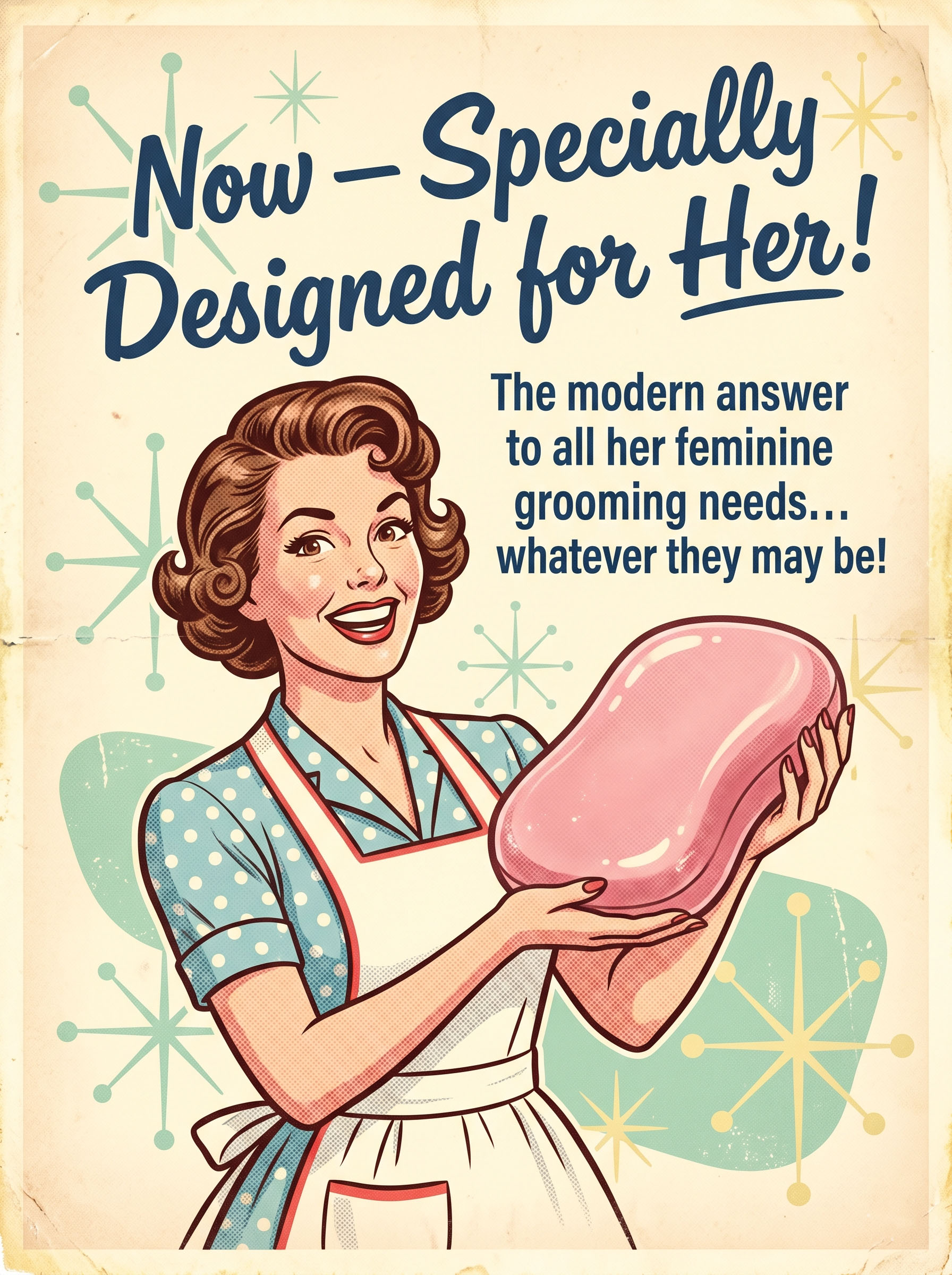 Retro-style vintage advertisement parody showing exaggerated feminine product marketing from the mid-20th century