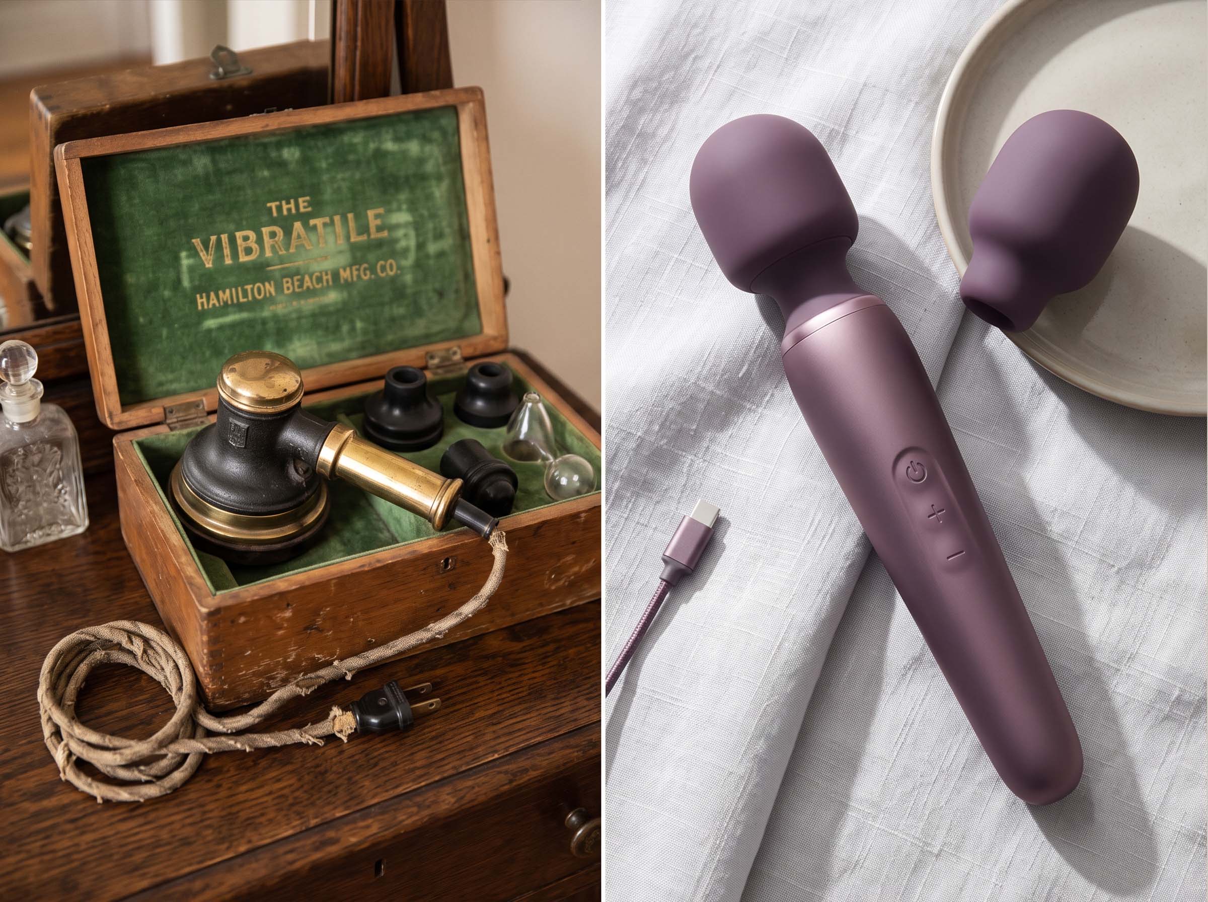 Vintage and modern wellness devices displayed together on a soft fabric background