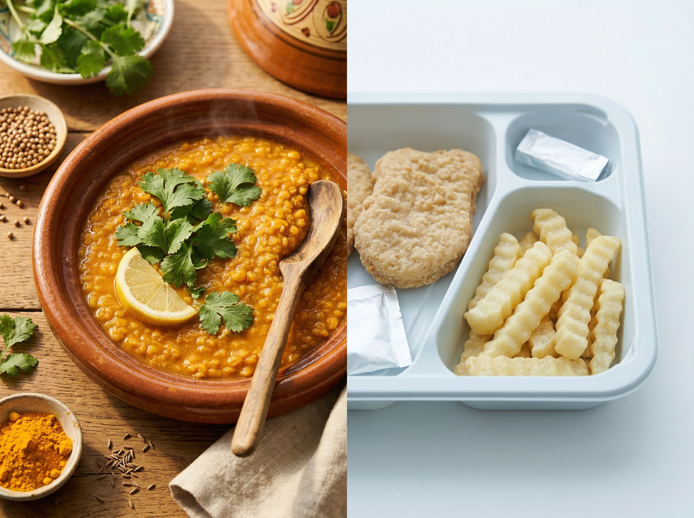 Side-by-side comparison of a colourful traditional home-cooked meal and a tray of ultra-processed convenience foods