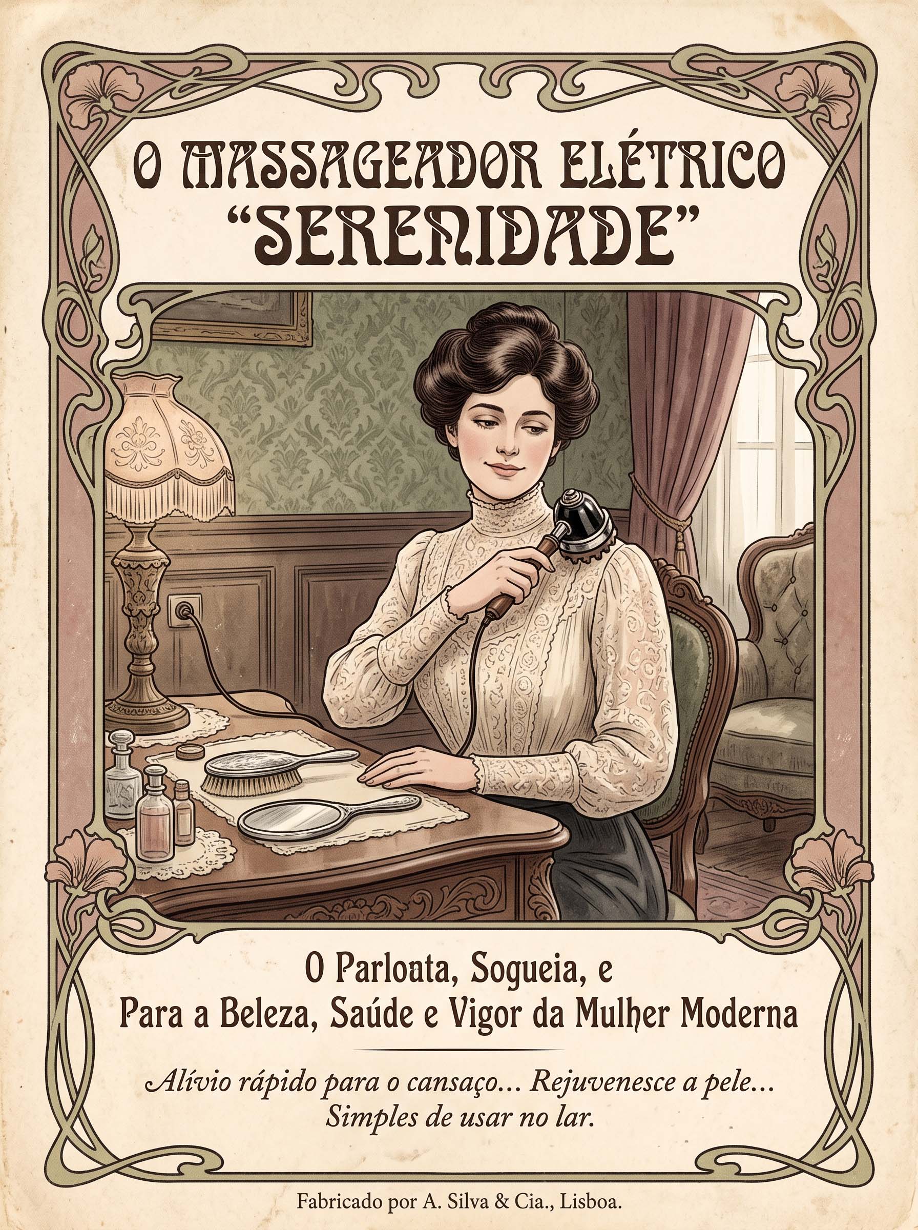 Um anúncio de revista antigo no estilo do início dos anos 1900 apresentando um vibrador elétrico como um eletrodoméstico saudável para a saúde do lar