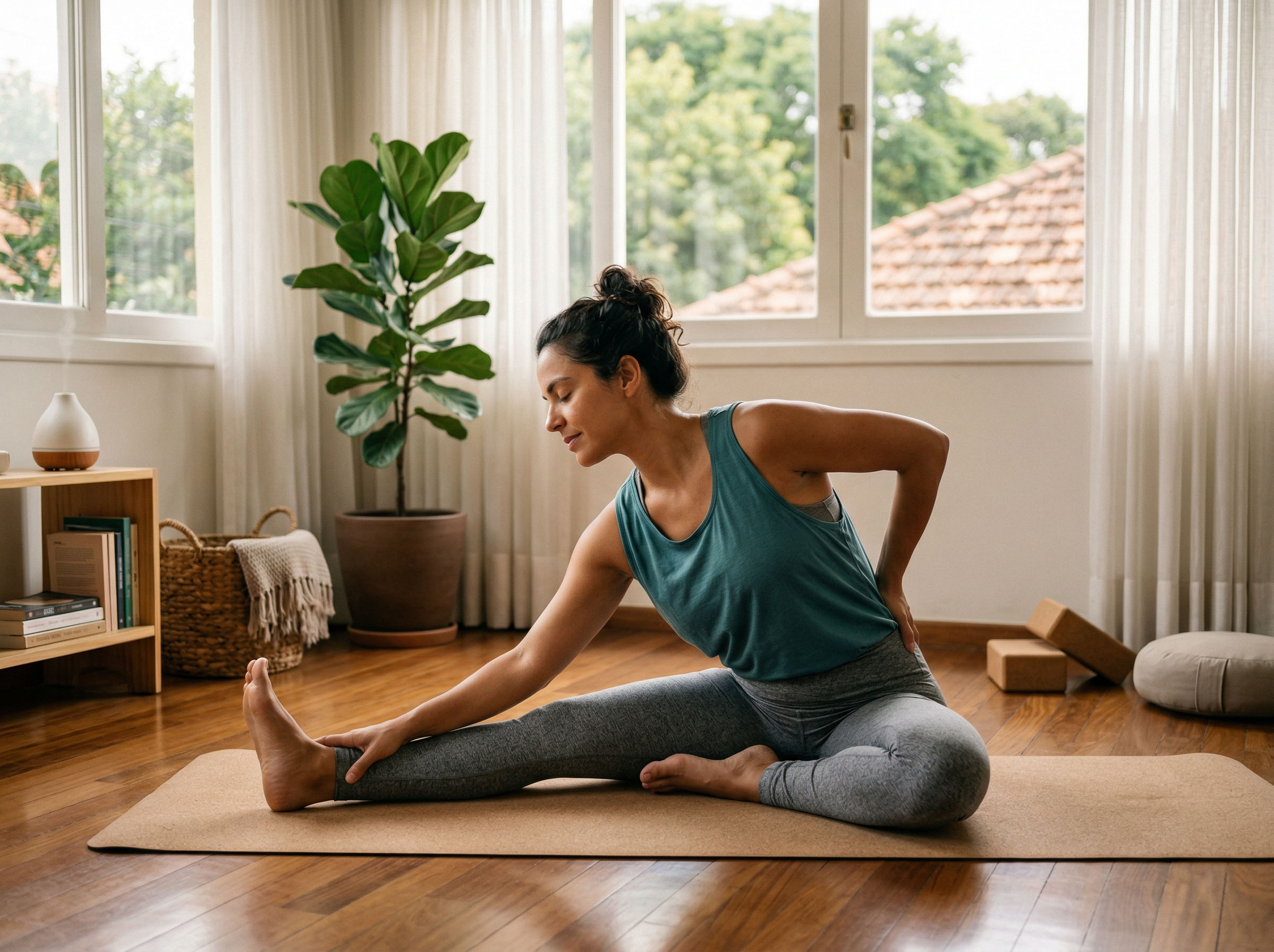 Uma mulher se alongando pacificamente em um quarto silencioso