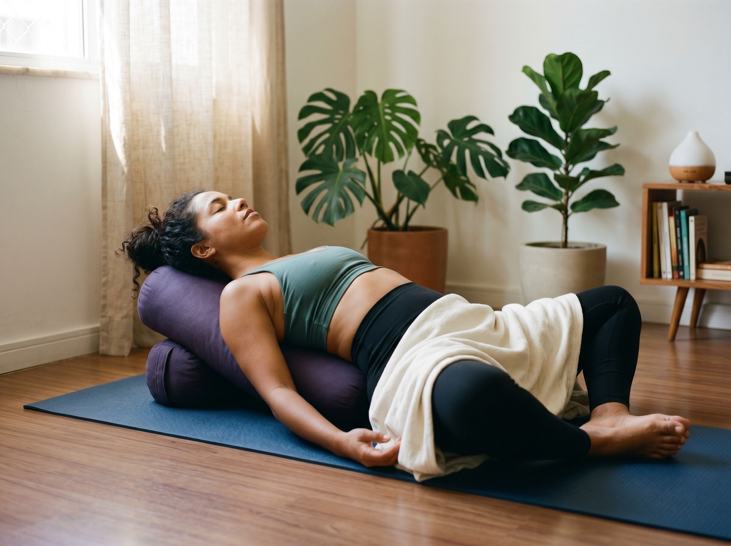 Mulher praticando a postura de yoga borboleta reclinada com apoio em um tapete com almofadão, luz natural, bem-estar reprodutivo