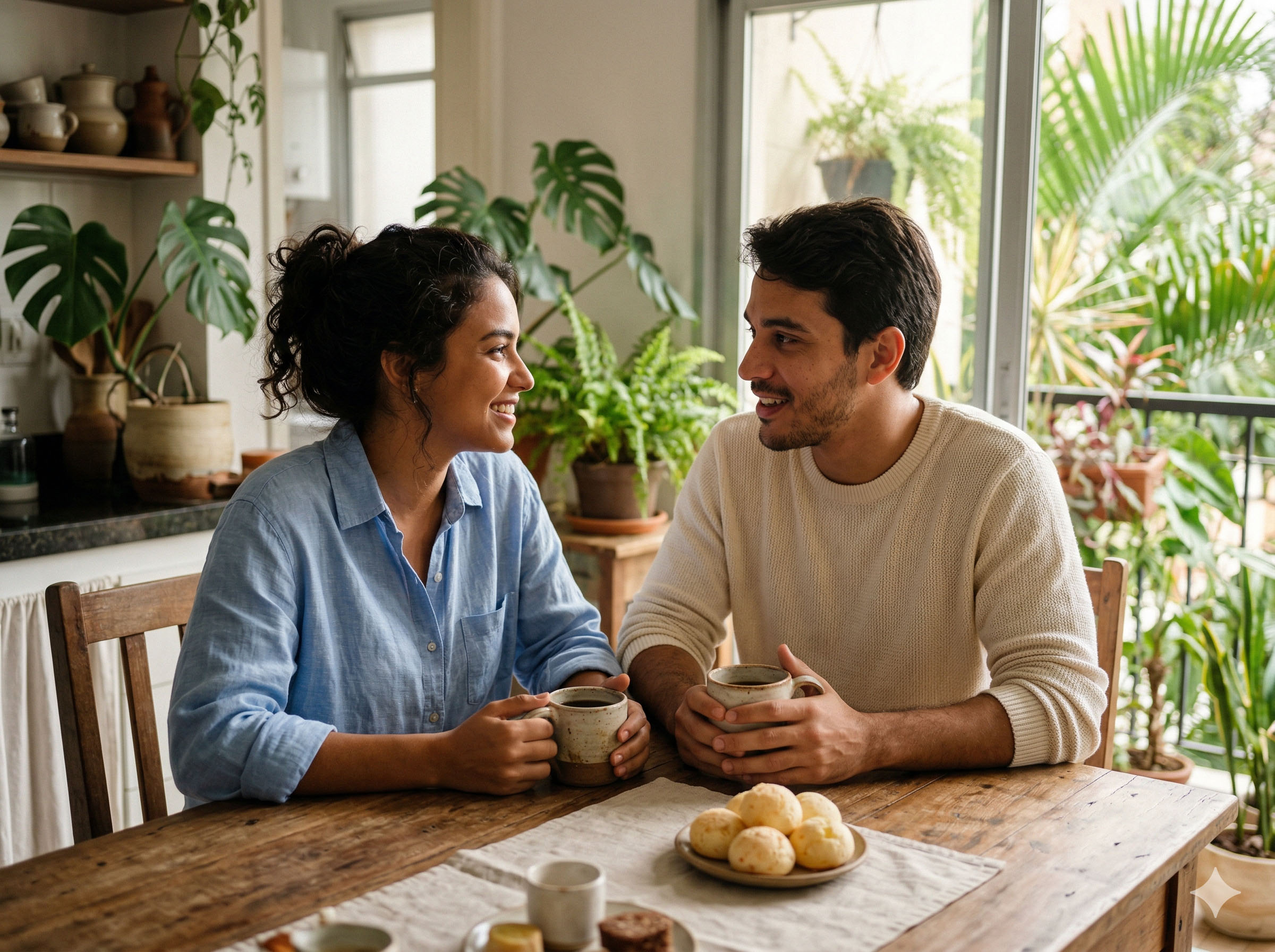 Uma mulher e um homem sentados um de frente para o outro em uma mesa de cozinha, tendo uma conversa calma e aberta tomando café