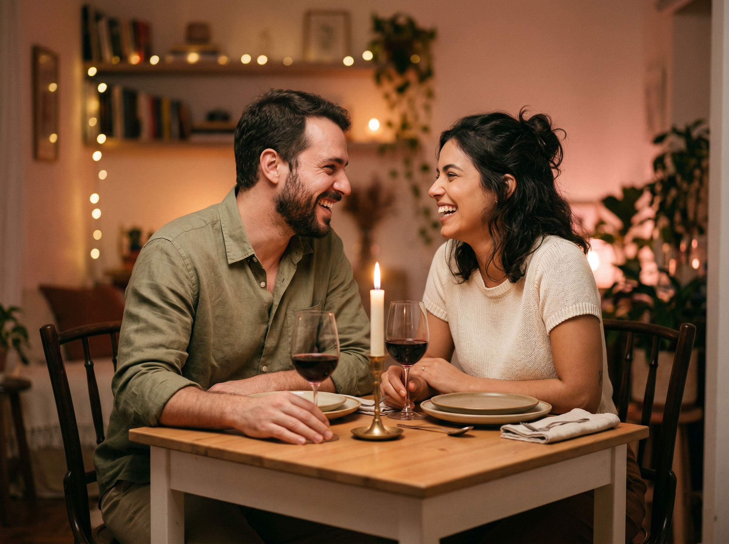 Um casal compartilhando uma noite tranquila à luz de velas, rostos voltados um para o outro em conversa calorosa