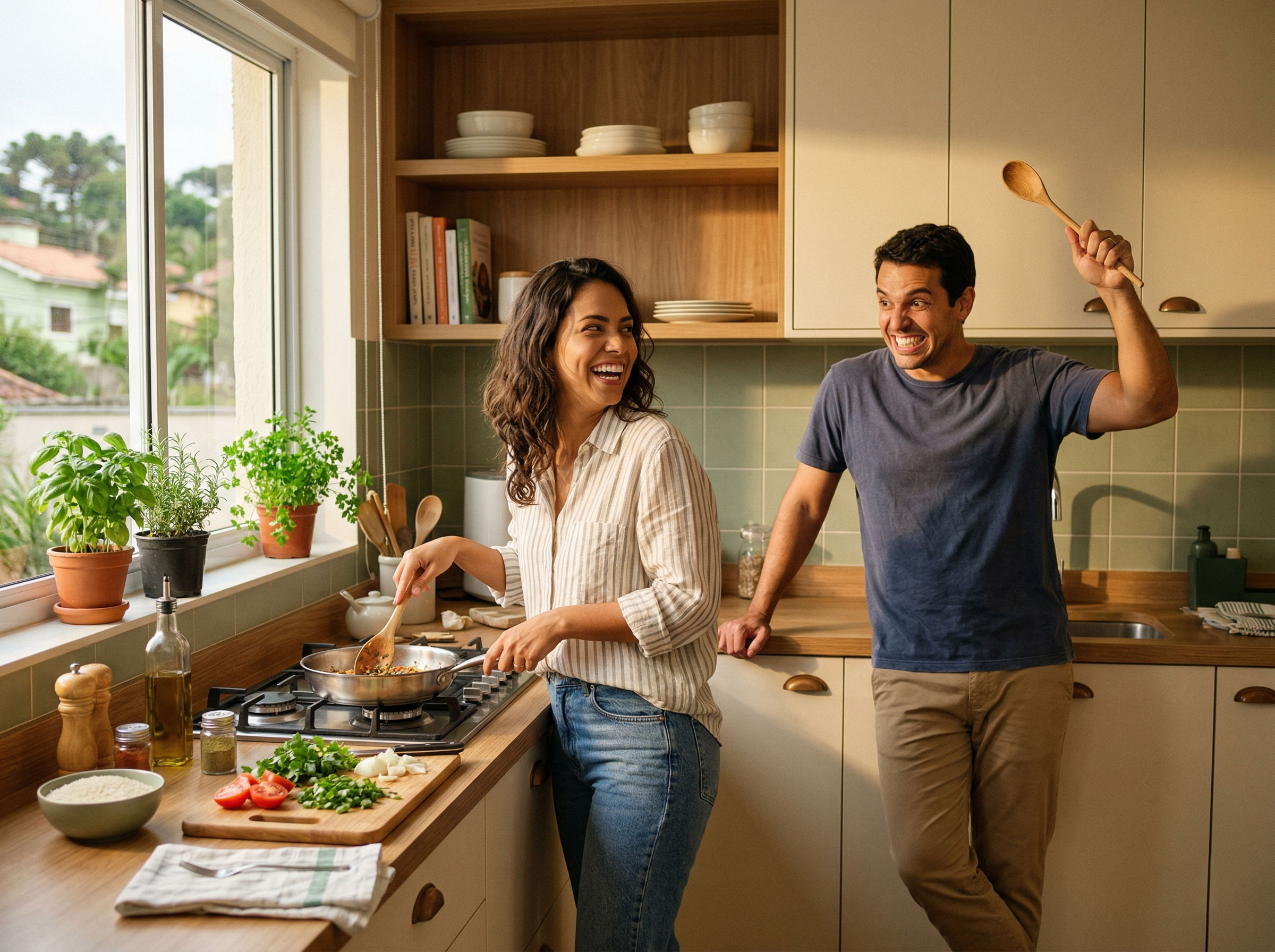 Um casal rindo junto enquanto cozinha uma refeição, capturando calor e intimidade lúdica em casa