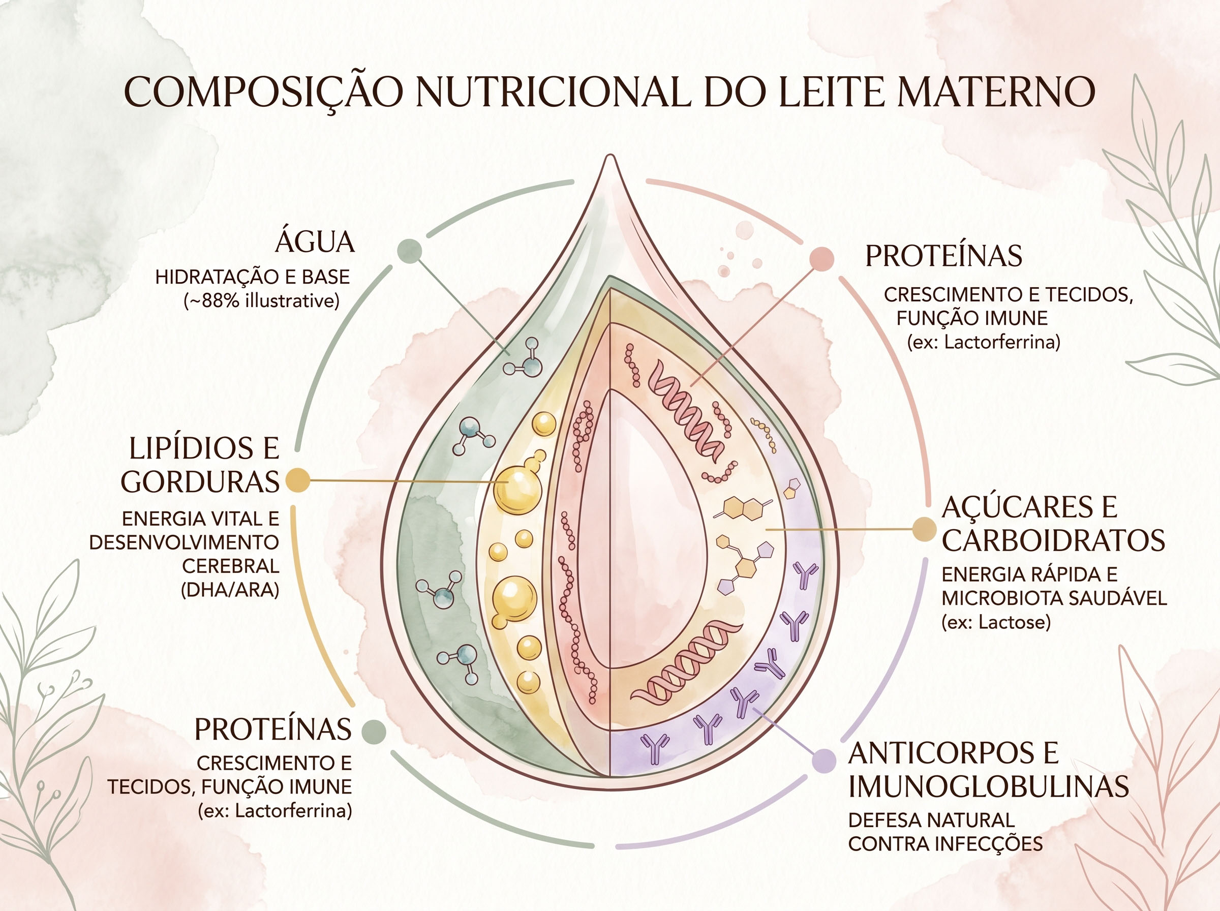 Ilustração científica mostrando a composição em camadas do leite materno humano — gorduras, proteínas, anticorpos e açúcares visualizados em tons femininos calorosos
