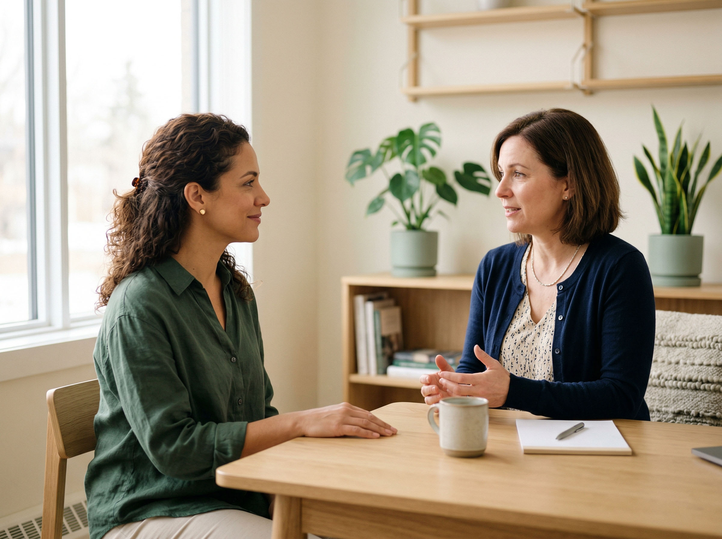 Mulher em um ambiente de consulta médica calma com uma ginecologista revisando informações de saúde
