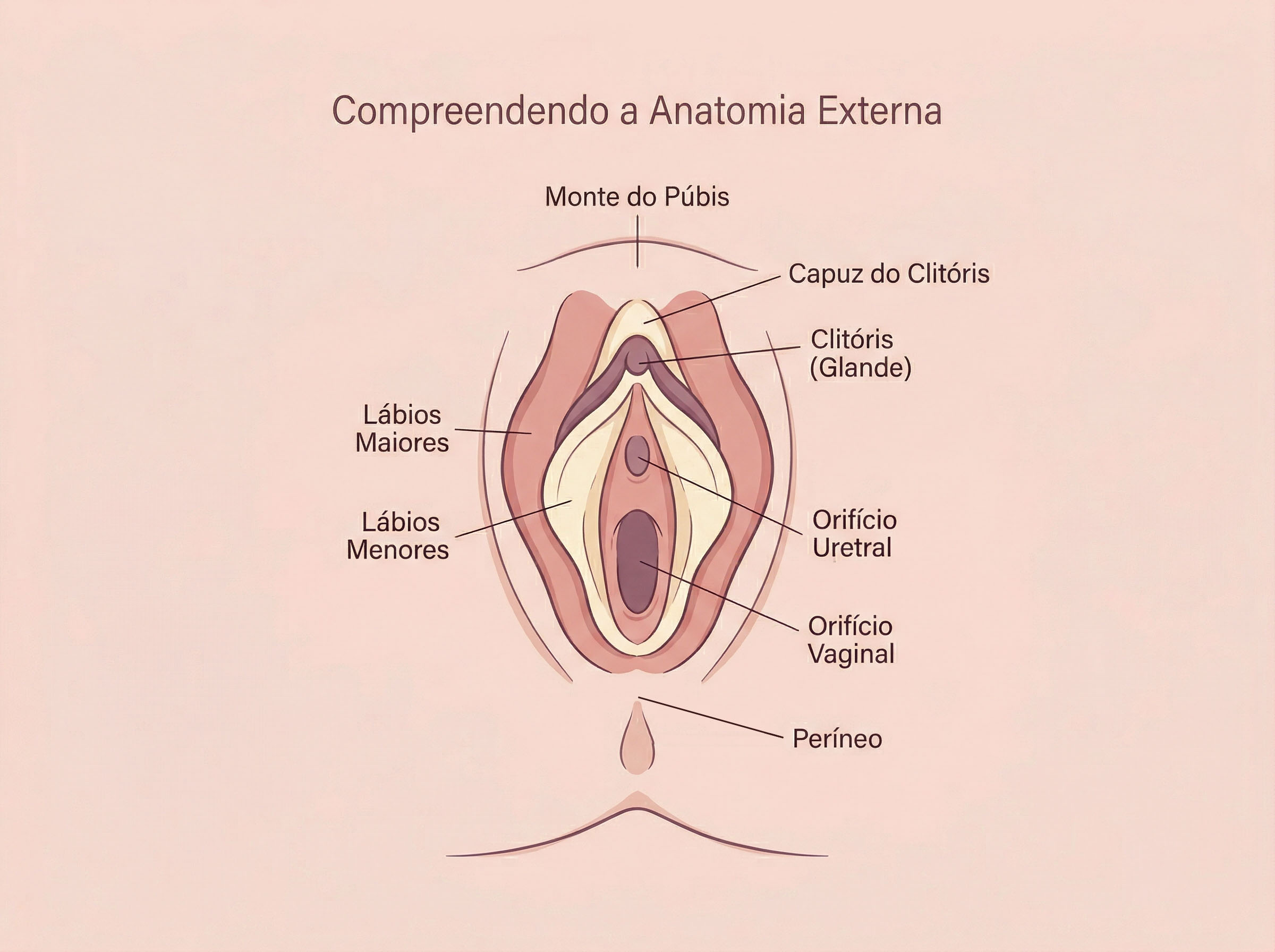 Diagrama ilustrado da anatomia feminina externa, incluindo a vulva e a estrutura do clitóris