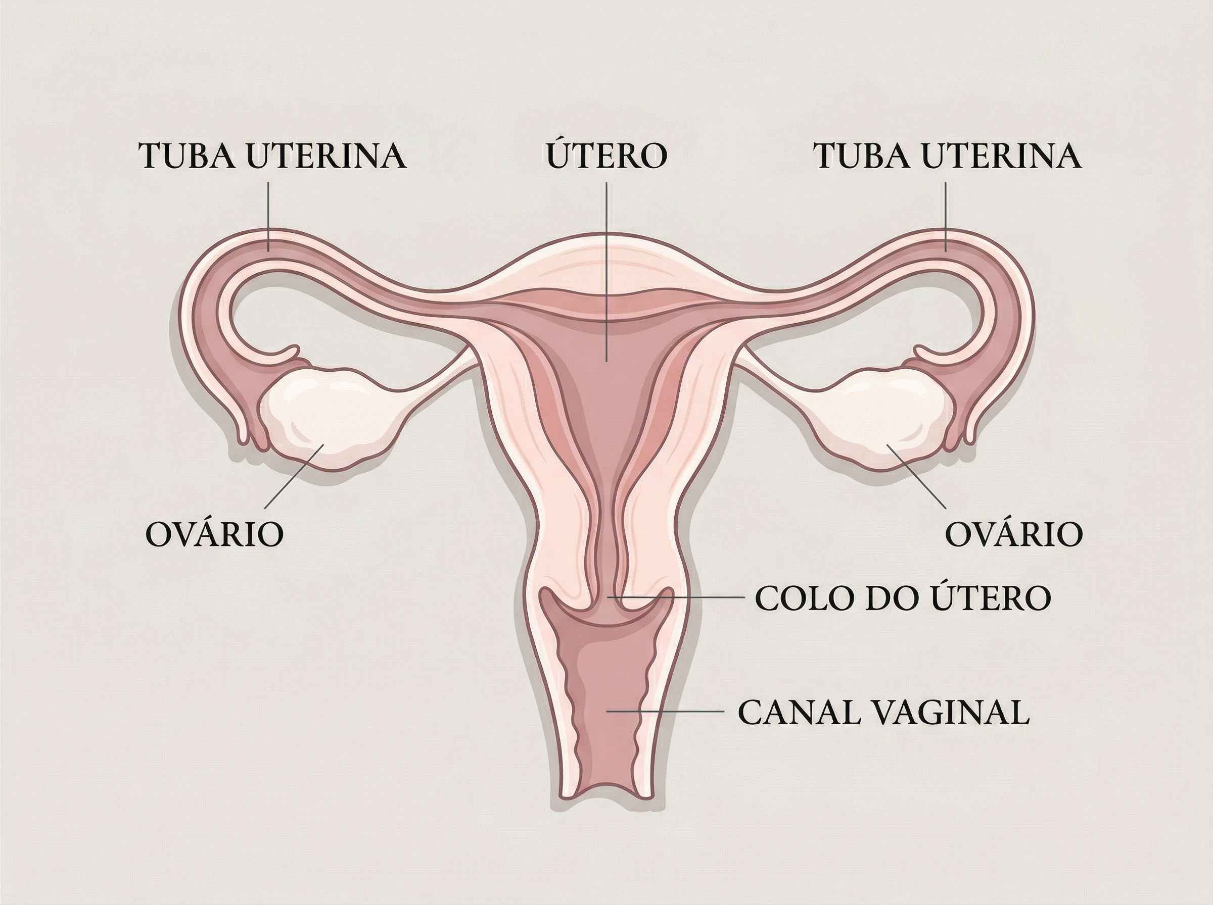 Um diagrama ilustrado suave do sistema reprodutor feminino interno, incluindo útero, ovários, trompas de Falópio, colo do útero e vagina