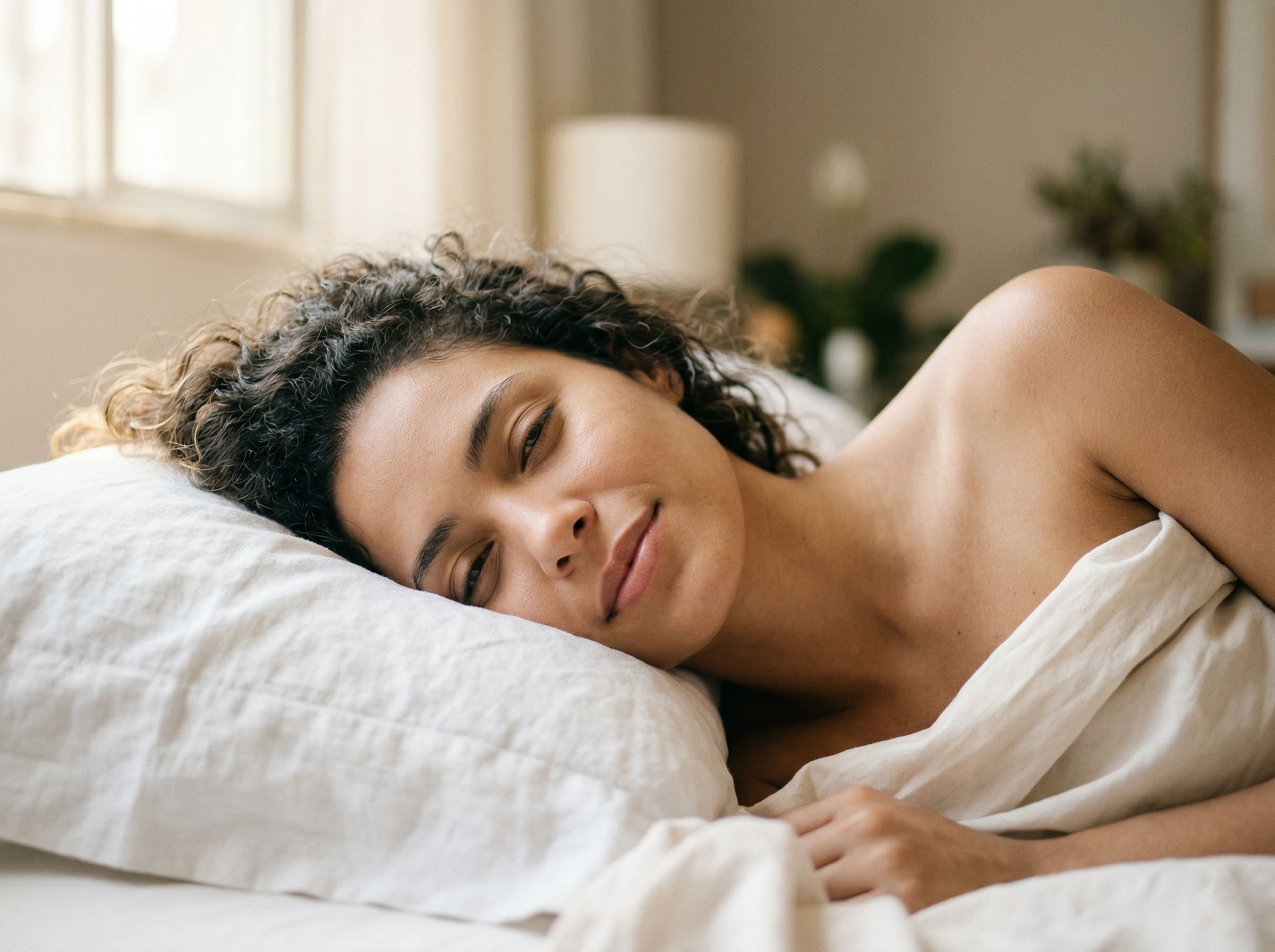 Mulher acordando pacificamente na luz suave da manhã, lençóis de linho branco