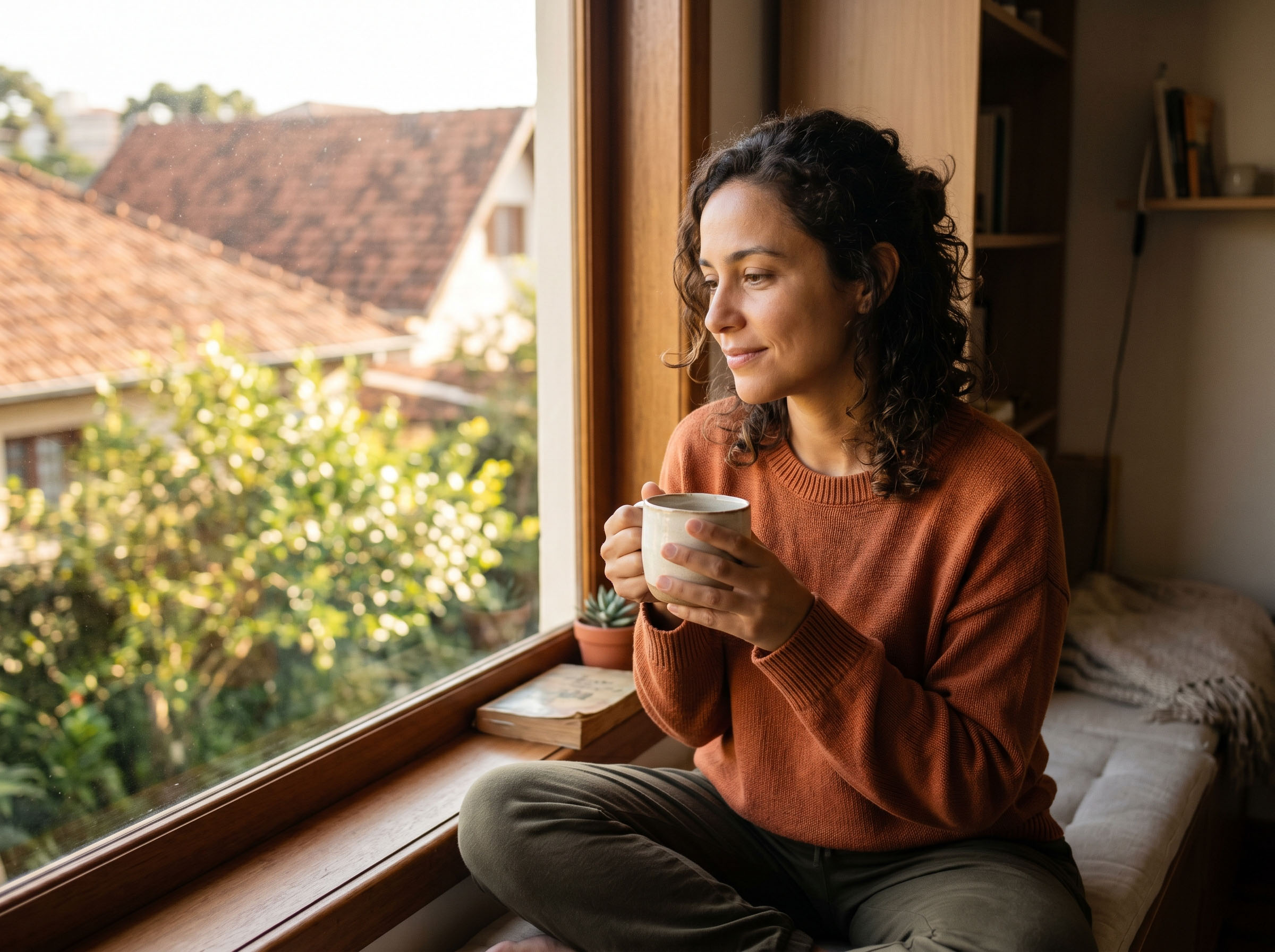 Mulher sentada sozinha perto de uma janela com luz matinal, café na mão, parecendo pacífica e relaxada