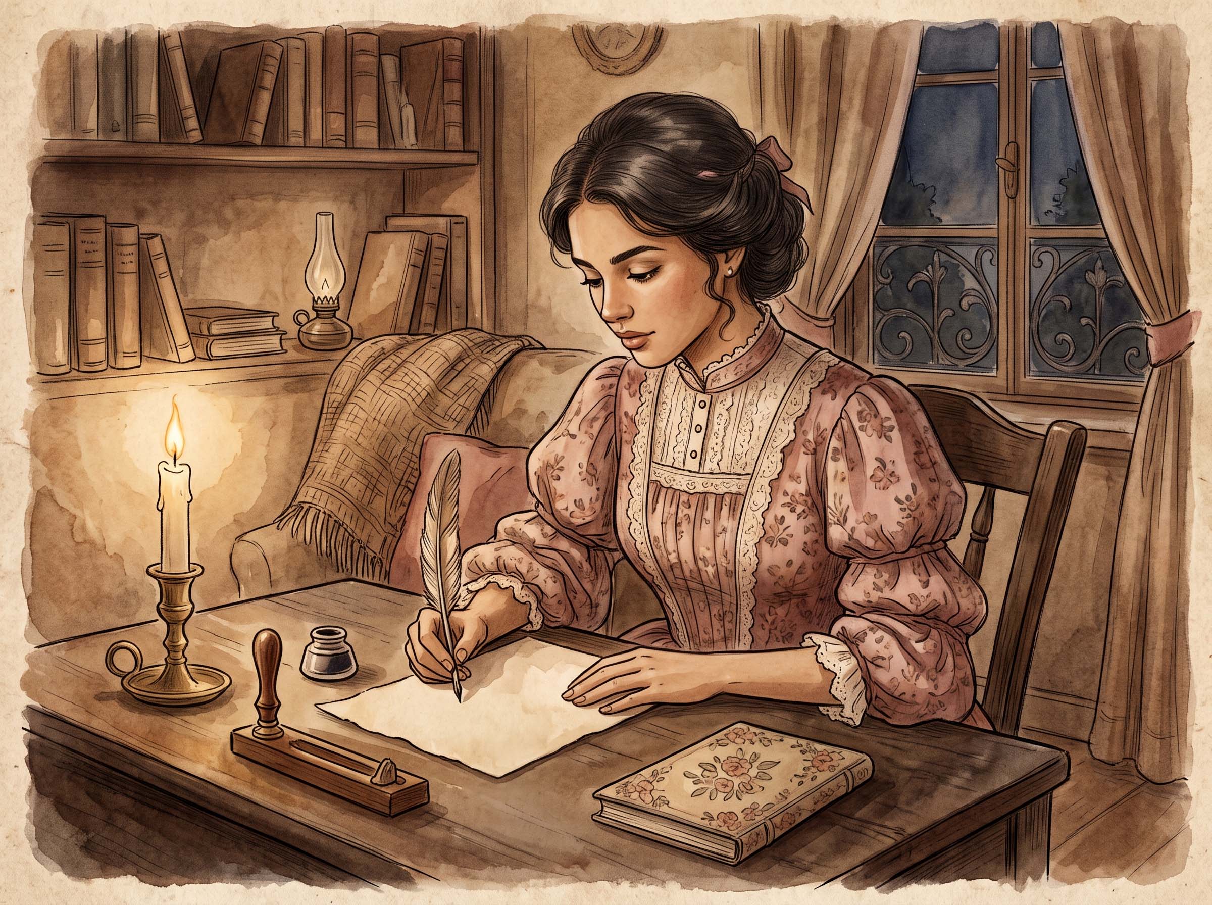 Ilustração vintage de uma mulher escrevendo uma carta de amor à luz de velas