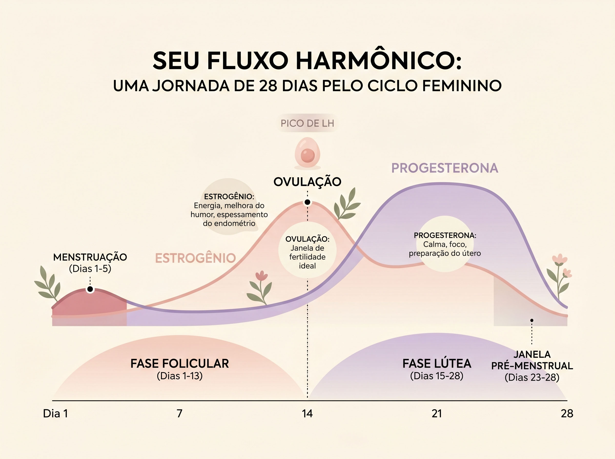 Representação visual do ciclo hormonal e o seu efeito na humidade vaginal e muco cervical ao longo do mês