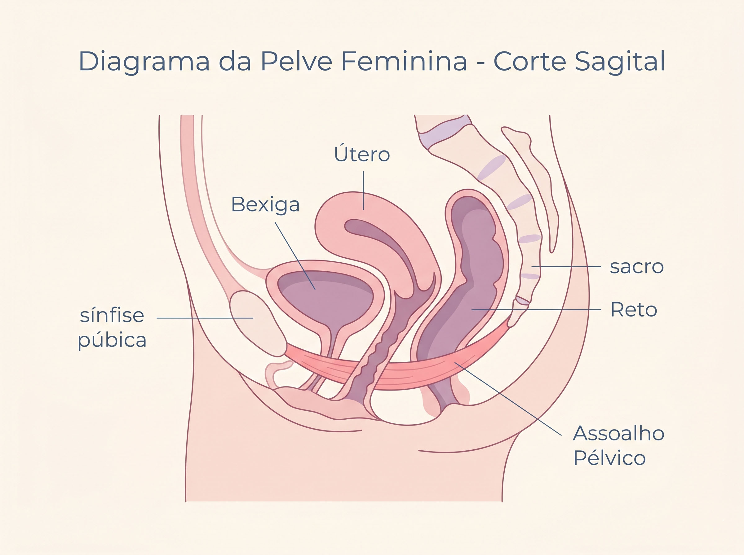 Diagrama transversal ilustrado simples da pelve feminina mostrando o grupo muscular do assoalho pélvico
