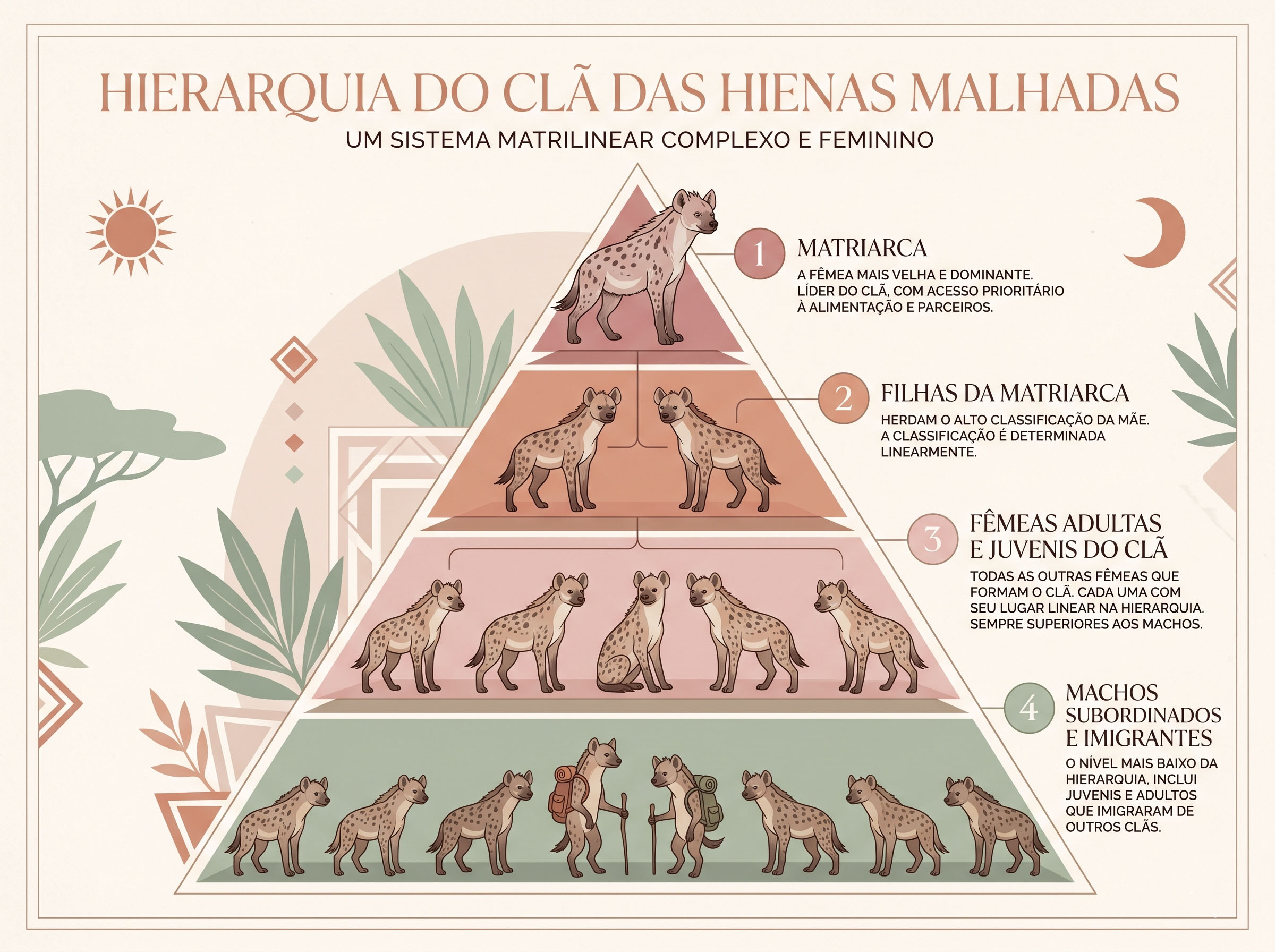 Diagrama ilustrado da hierarquia social do clã da hiena-malhada mostrando a estrutura de dominância feminina