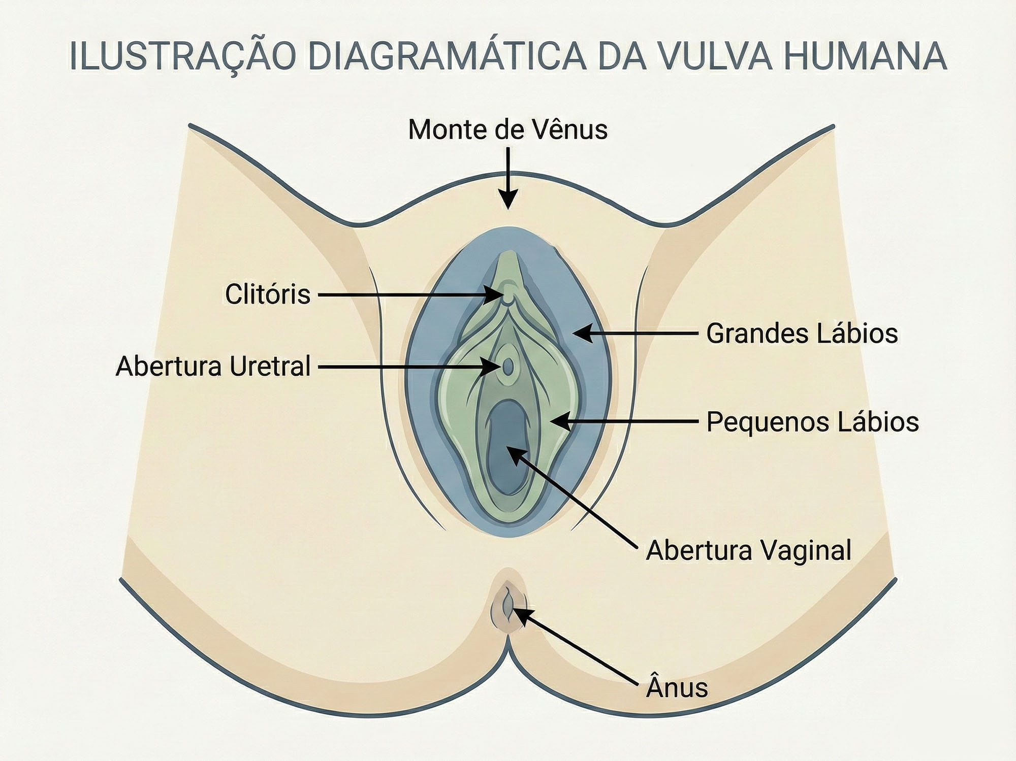 Ilustração médica diagramática da vulva feminina.