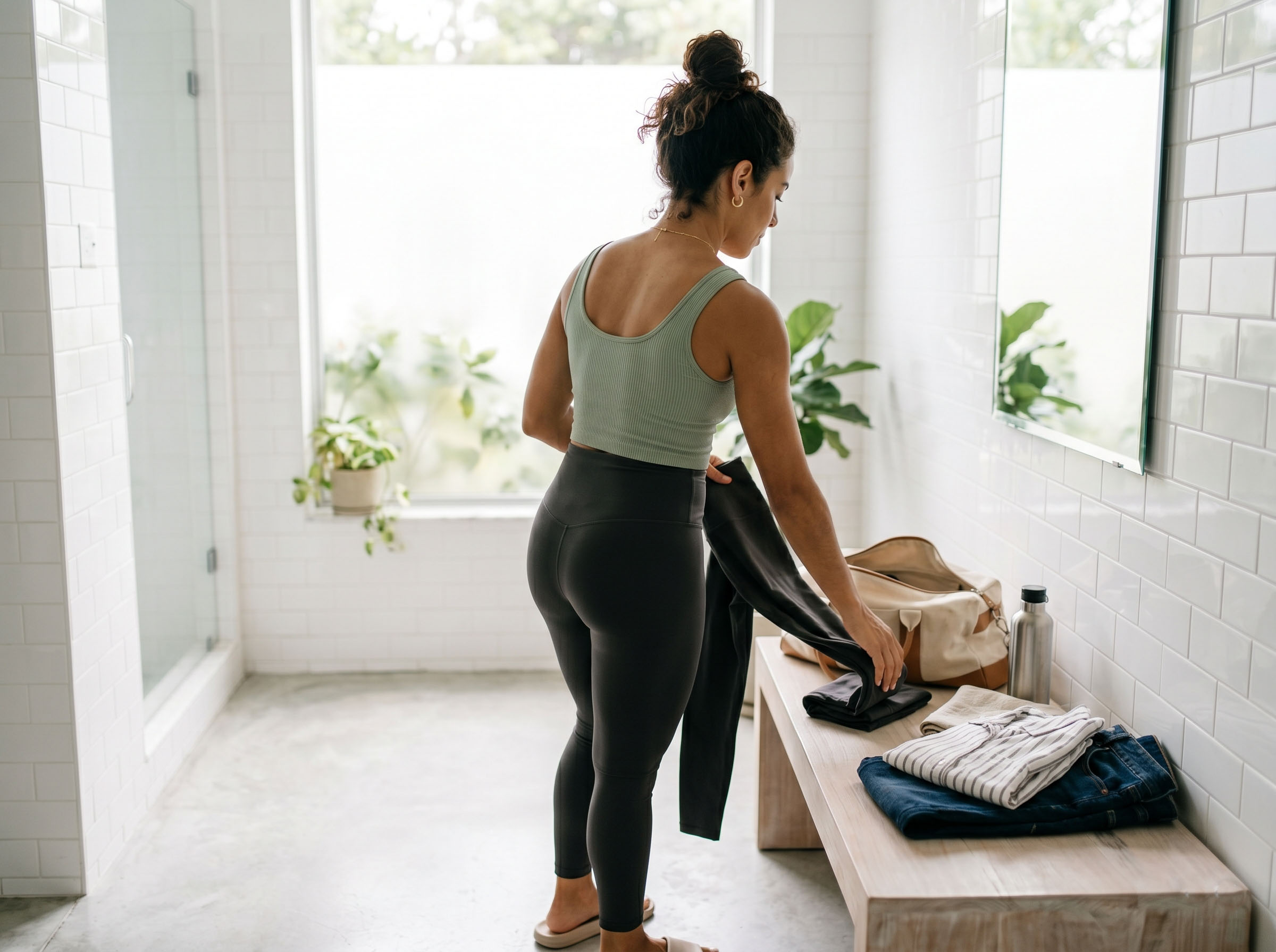 Mulher trocando de legging de academia em um vestiário iluminado
